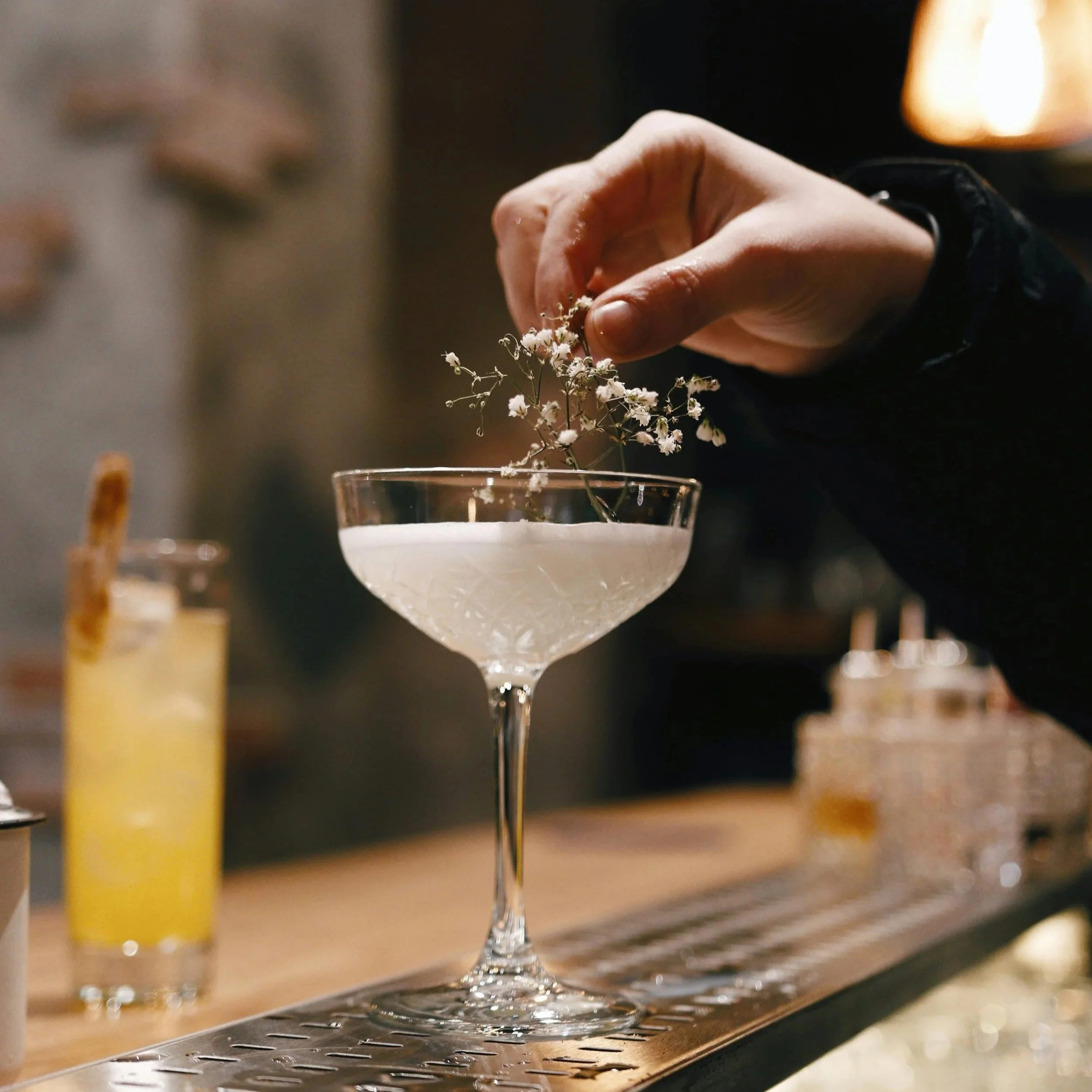 Bartender garnishing a handcrafted cocktail in a coupe glass at the hotel bar.