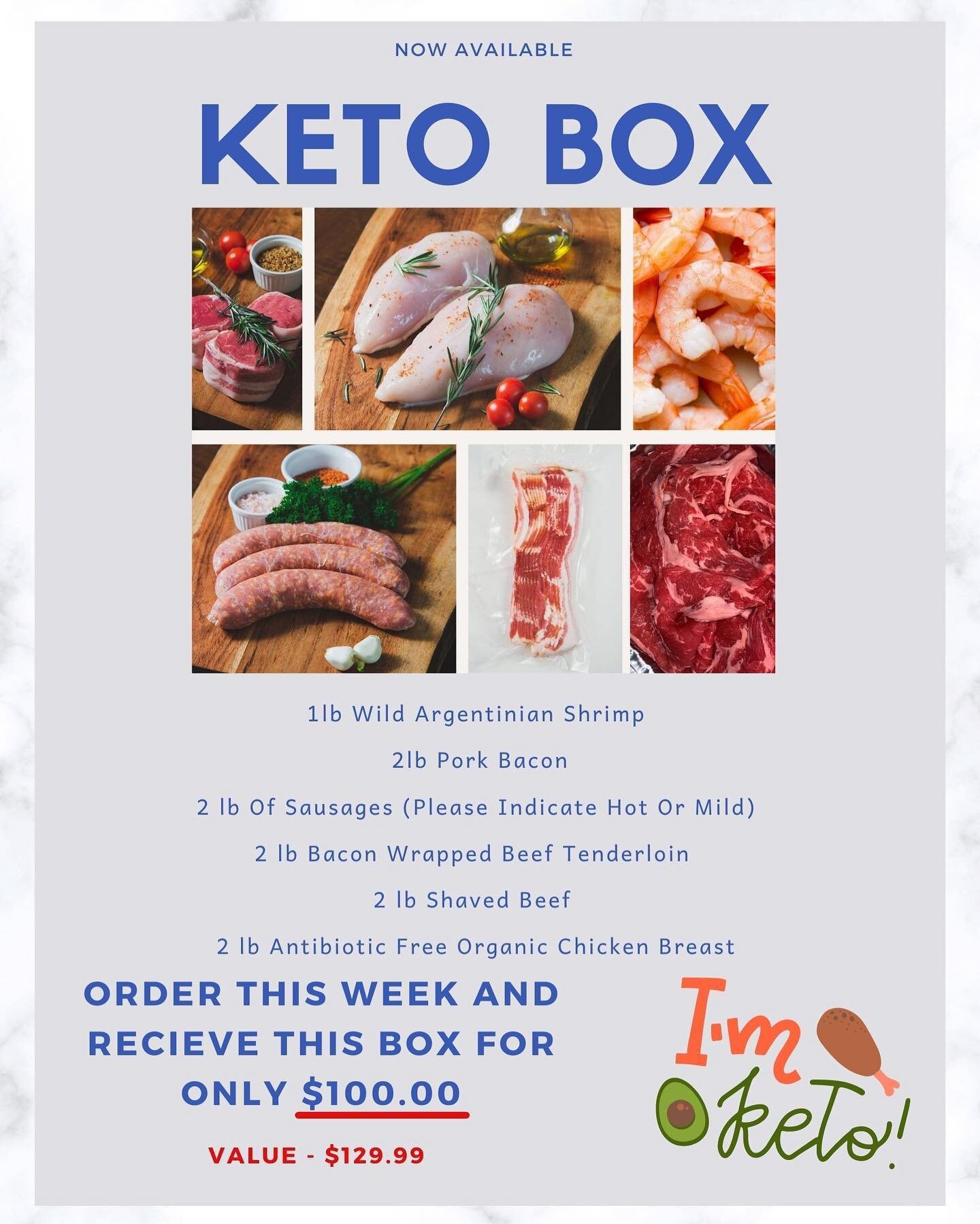 ALL NEW KETO BOX! 

Order our new Keto box this week valued at $129.99 for only $100.00!! THIS WEEK ONLY! 🥩 
 
#vaughan #keto #shoplocal #canadianowned