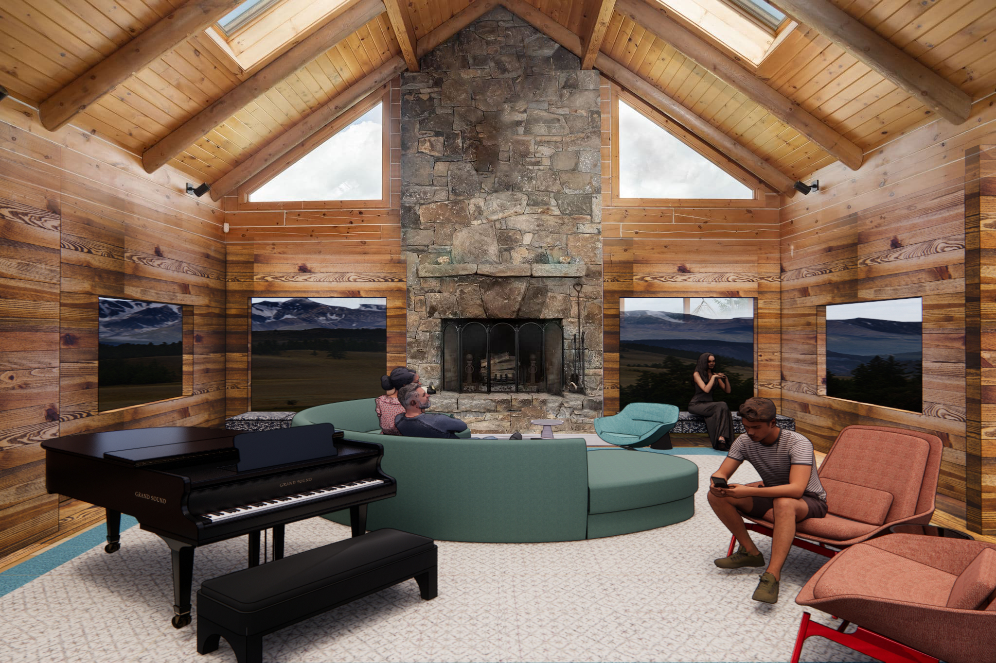 Interior of a cabin living room with high vaulted ceiling, skylights, stone fireplace, and mountain landscape views through rectangular windows. Contains a piano, various seating, and a comfortable family.