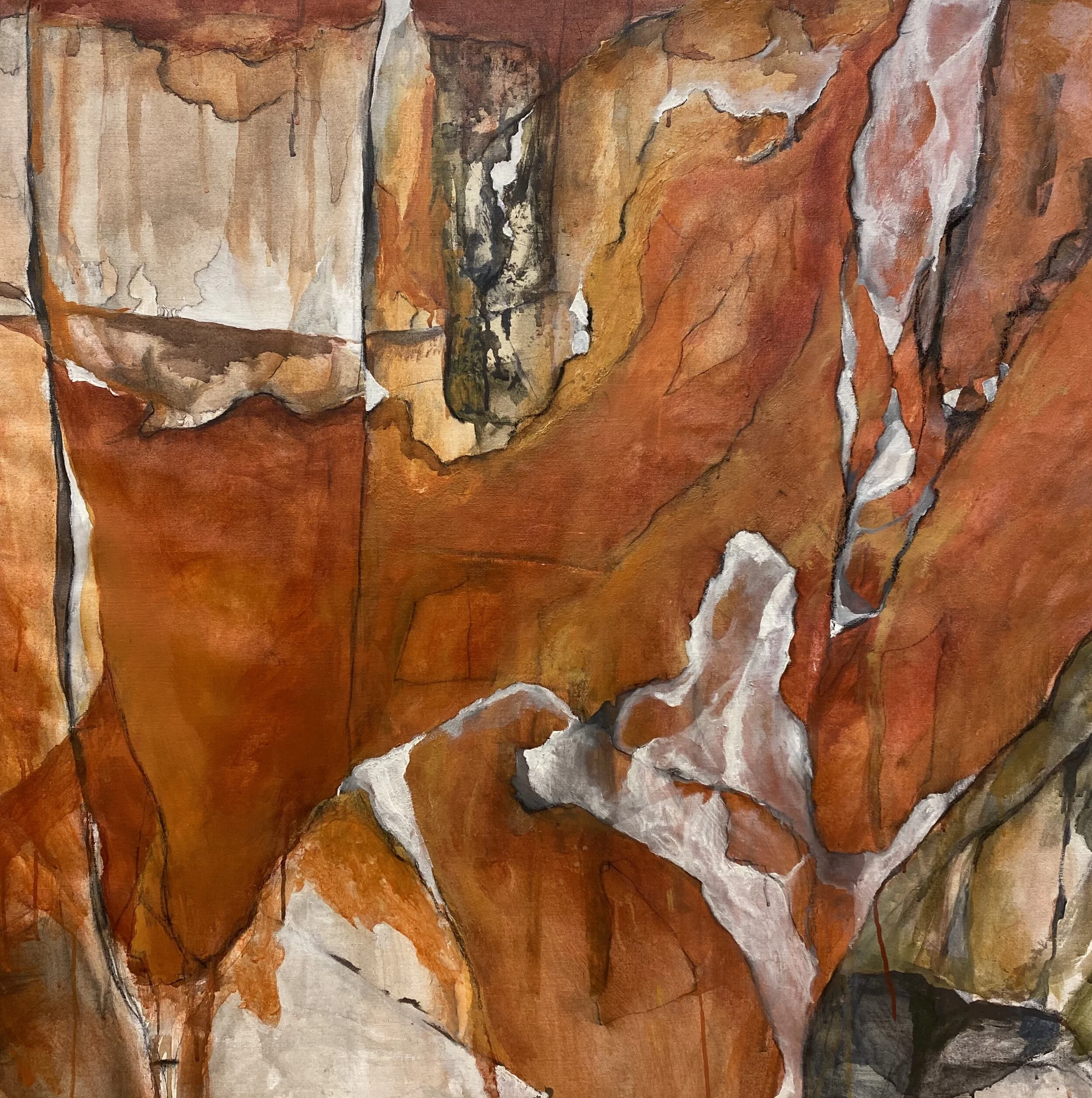 El Cap Painted Red, 40x 40 inches, 2019, ink, acrylic and charcoal on canvas