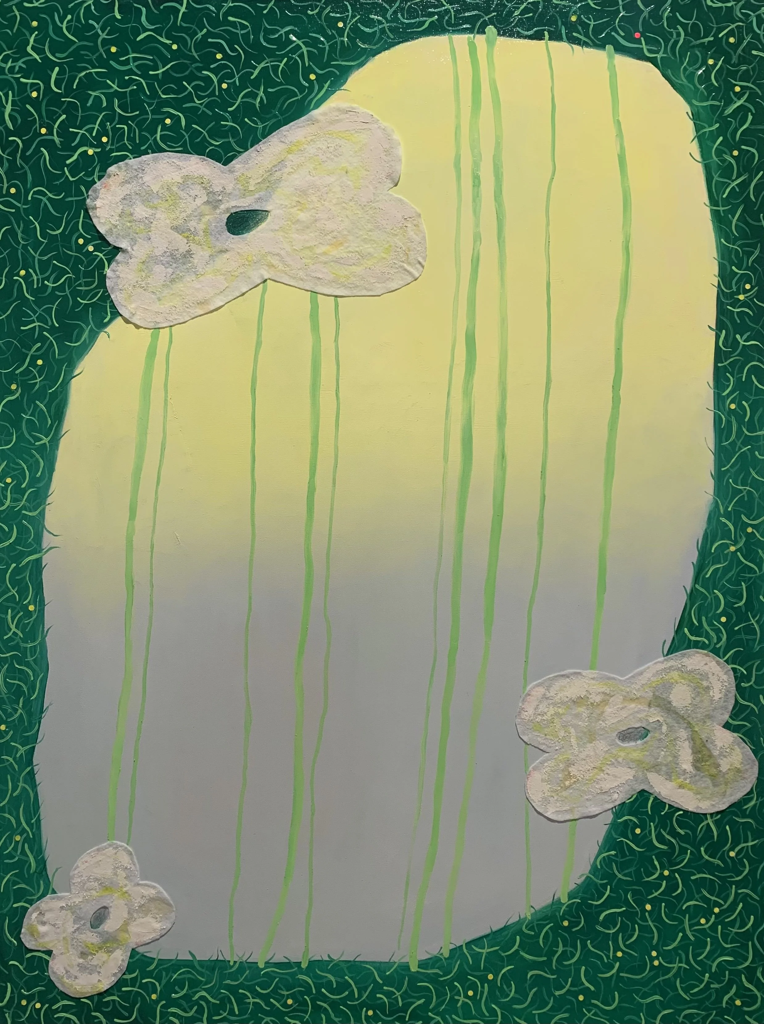 sometimes sour, 2023, oil, felt, graphite, paper collage, acrylic paste on canvas, 36 in x 48 in
