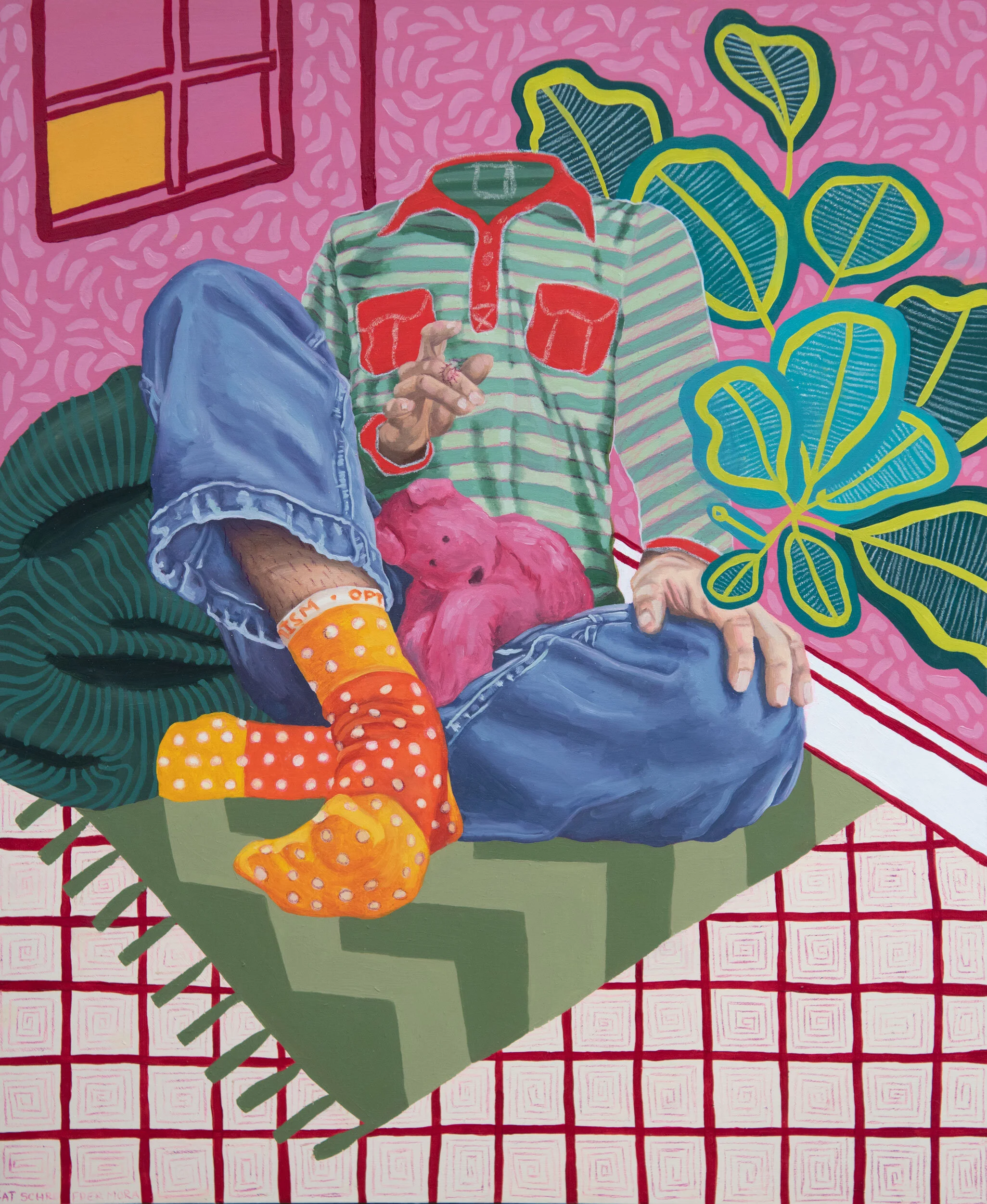 Kat Schroeder Mora, I’m Drawing Patterns Everywhere, 2020, Oil & colored pencil on panel, 16”x20”