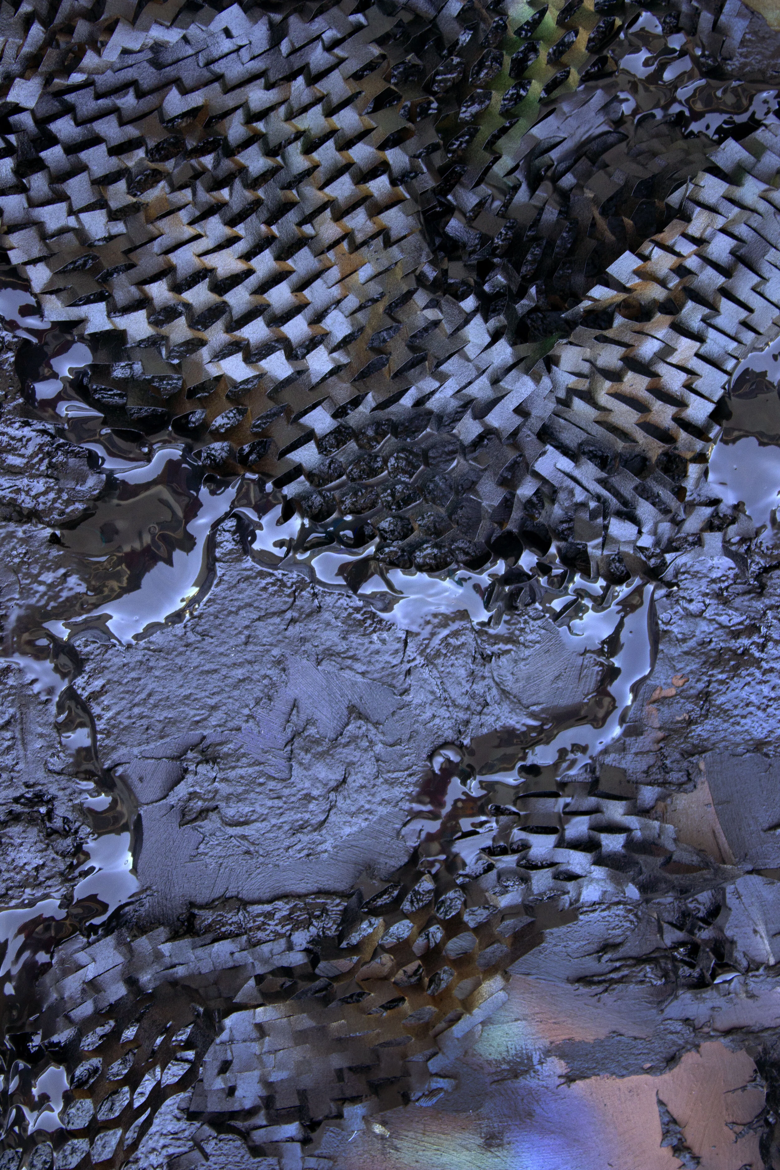(detail) Christine Evans, Motivation, 2020, oil paint, packaging material, tar, 12” x 24”