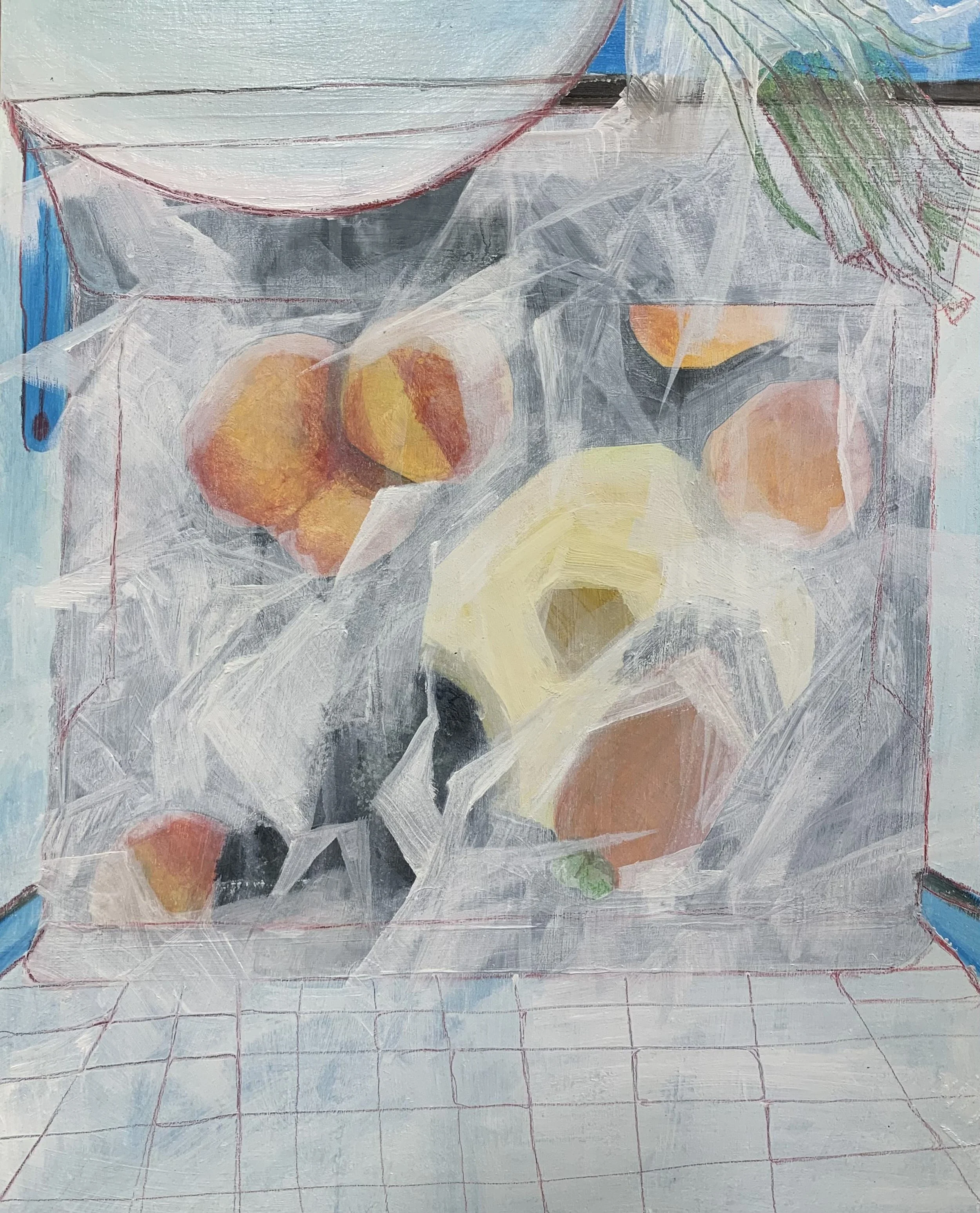 produce, 2022, acrylic, oil, oil pastel, colored pencil on wood panel, 11 in x 14 in