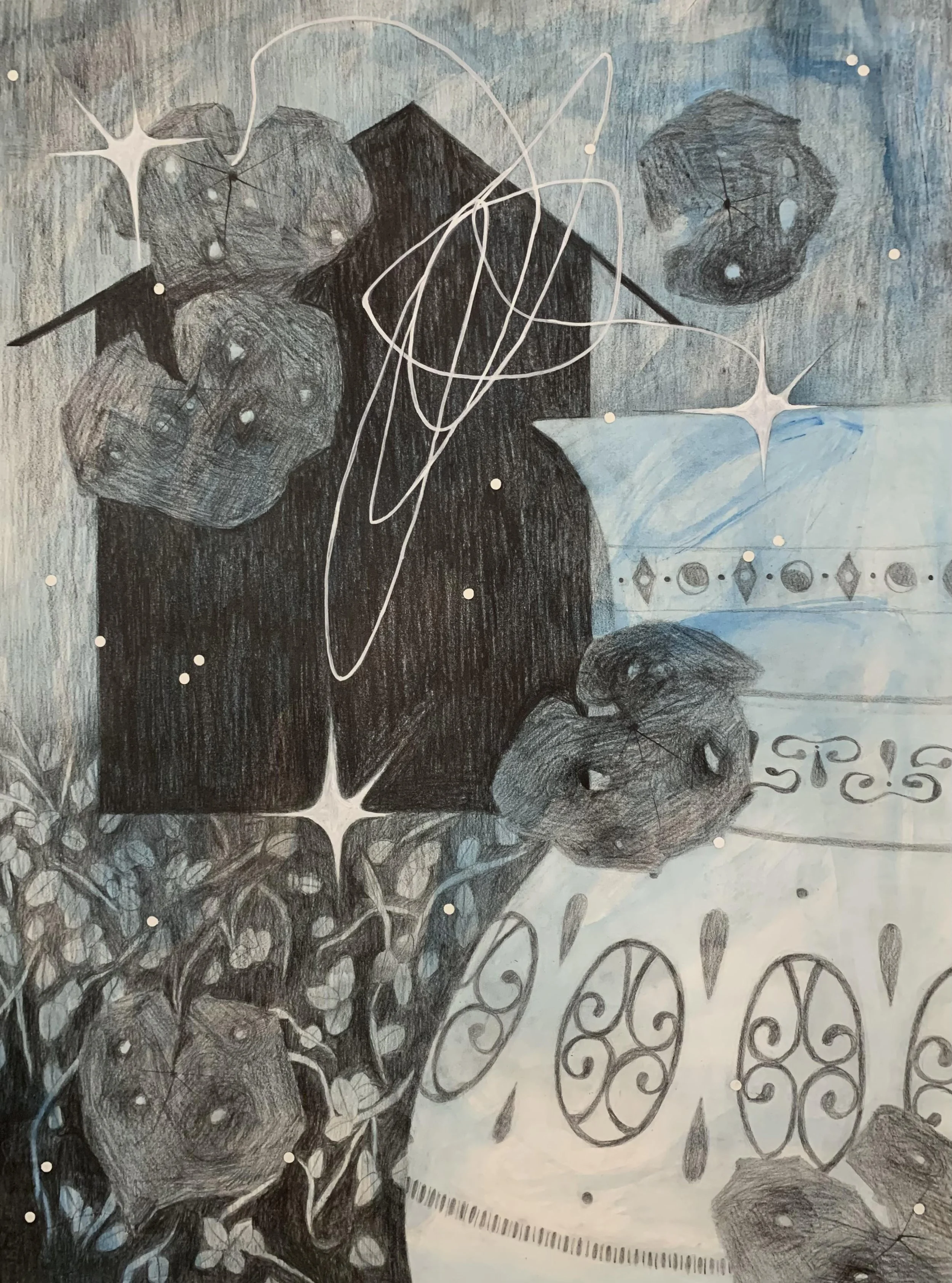 mildew, 2023, acrylic, graphite, paper collage on paper, 22 in x 30 in
