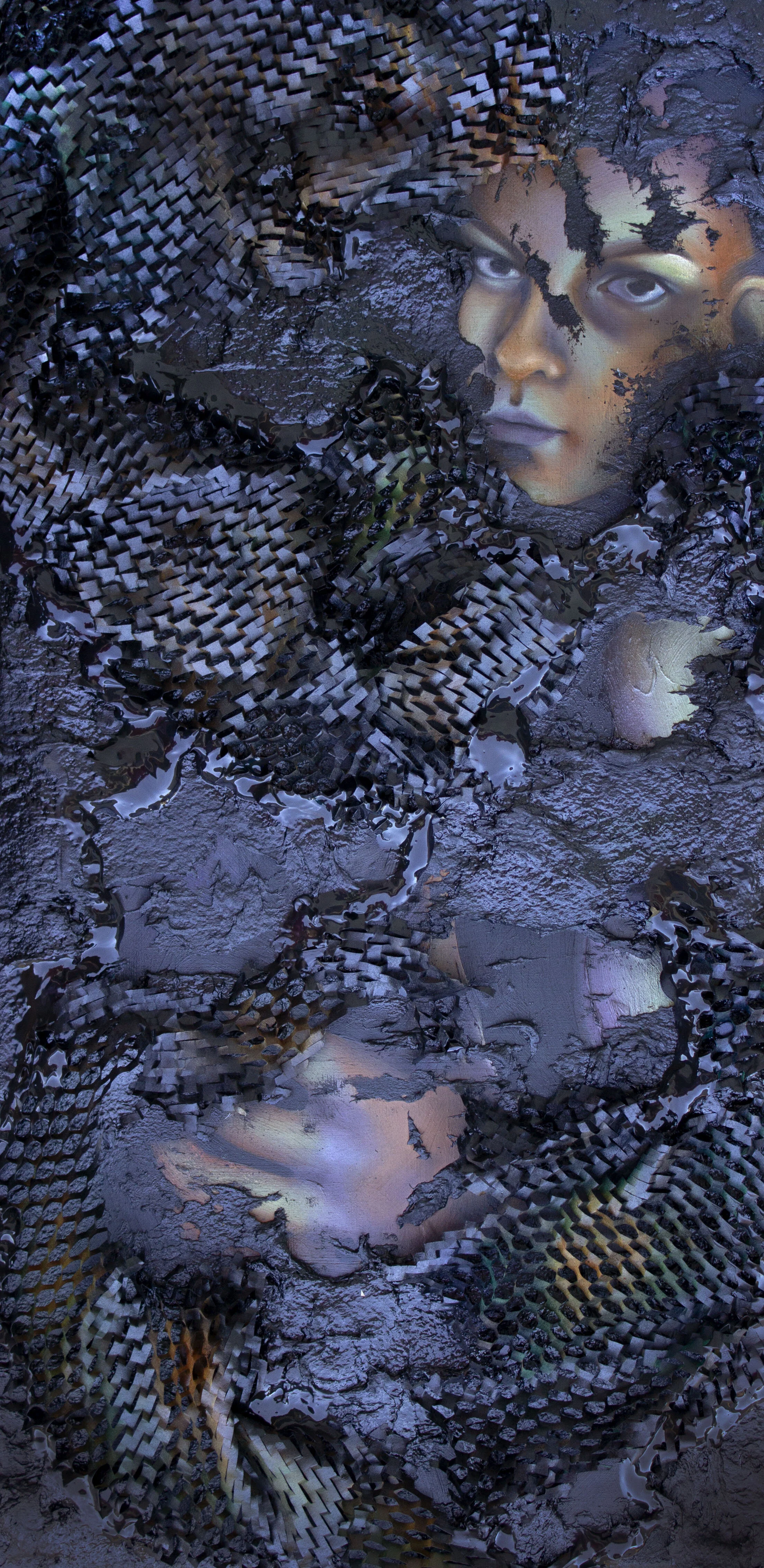 Christine Evans, Motivation, Motivation, 2020, oil paint, packaging material, tar, 12” x 24”