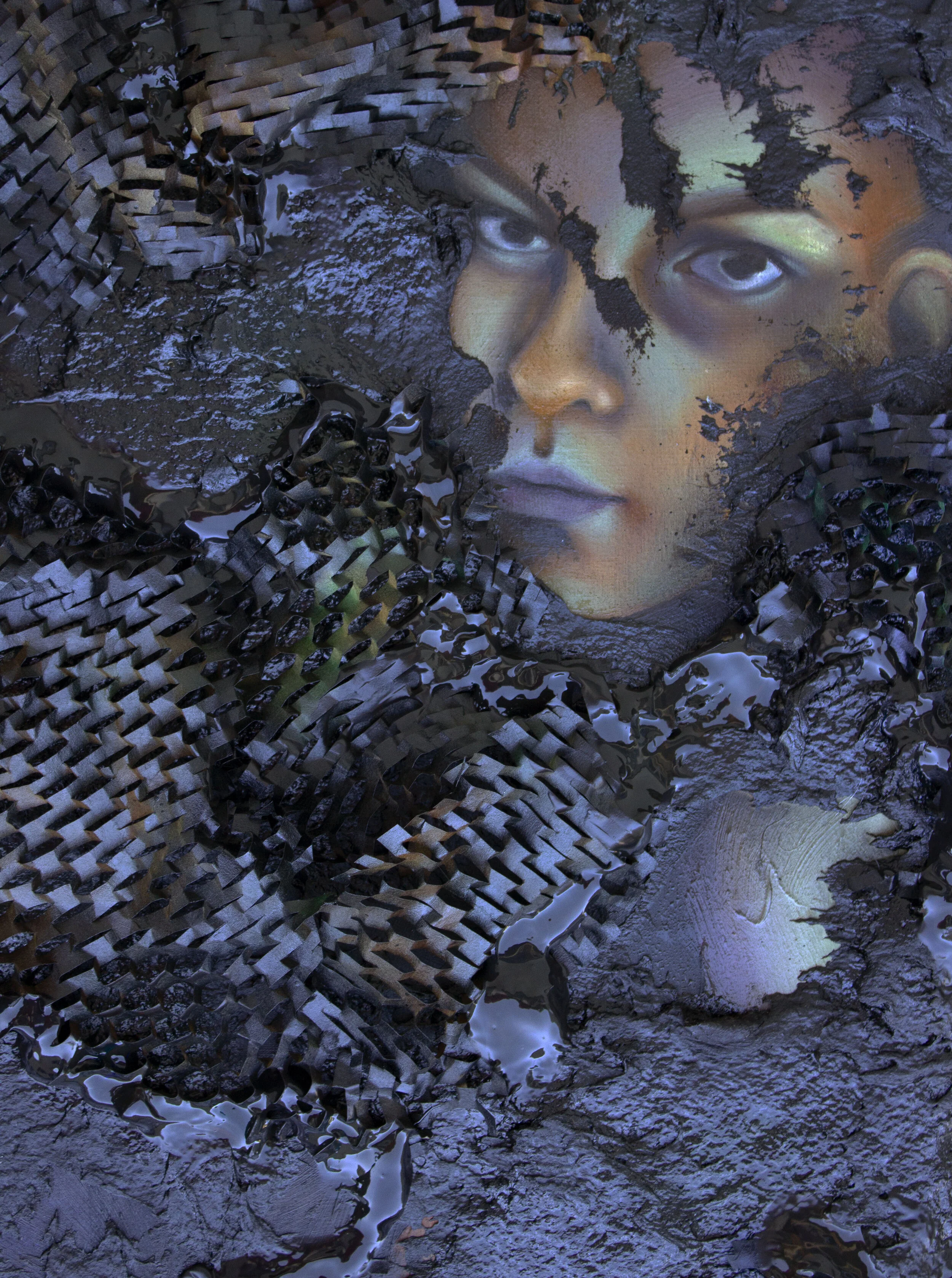 (detail) Christine Evans, Motivation, 2020, oil paint, packaging material, tar, 12” x 24”