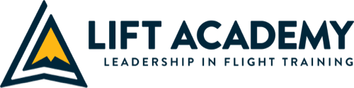 Lift Academy logo featuring a stylized mountain with a yellow peak and the text 'Lift Academy' and 'Leadership in Flight Training'