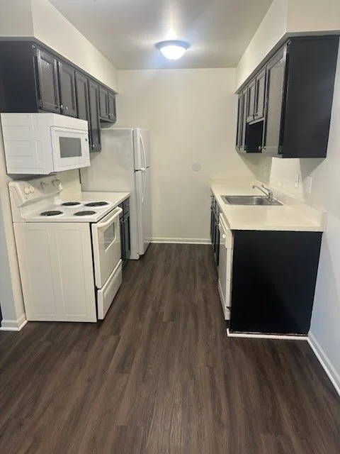 Platinum Upgraded Kitchen with Upgraded Bourbon Black Cabinets, Stainless Steel Accents, Modern Refrigerator, Stove, Microwave, and Dishwasher