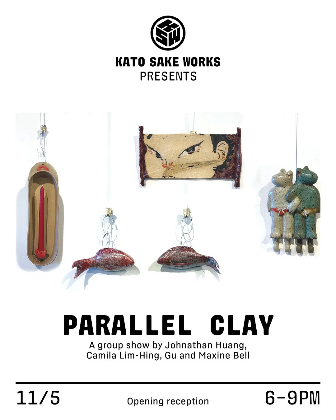 Tomorrow we celebrate the opening of our newest gallery installation, Parallel Clay.

Join us from 6-9PM for an opening reception in the taproom!

Parallel Clay is a hanging ceramics exhibition featuring works by Camila Lim-Hing, Johnathan Huang, Gu 