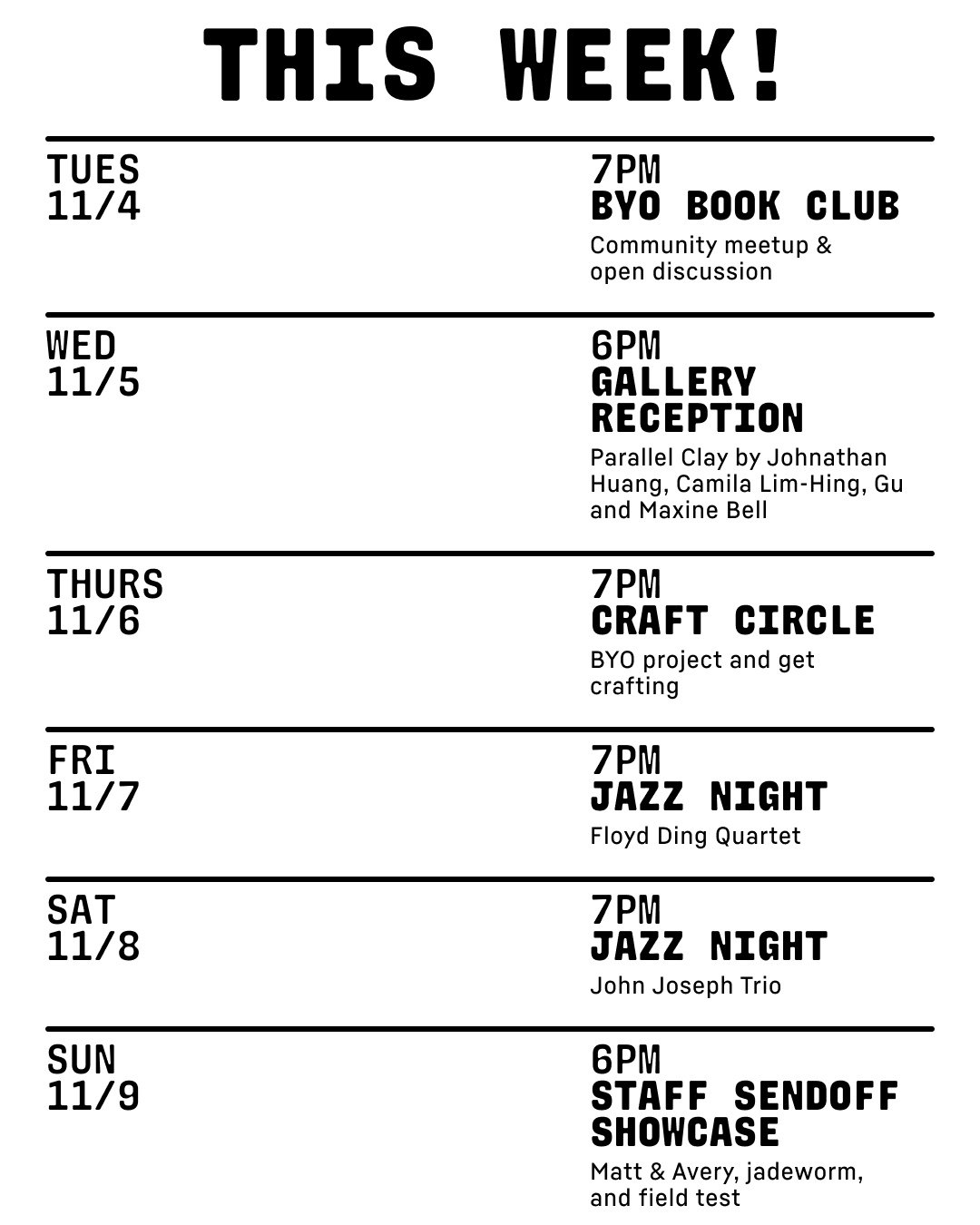 November begins with another week of exciting taproom events!⁠
⁠
Tuesday, 11/4 at 7pm: BYO Book Club &ndash; join hosts Kenzi @knzparker and Justin @nojest_  for a sake-fueled community meet-up and open discussion for book lovers and the reading-curi