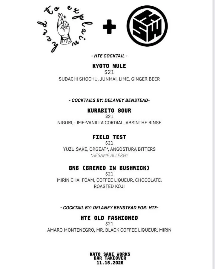 Takeover Time!!! @hardtoexplainnyc is letting our own @delaneybenstead behind the bar today to serve up a 5-drink cocktail menu of original recipes! 

We love HTE! We know you will too! Sip our sake in Manhattan from 3-11PM today 💗