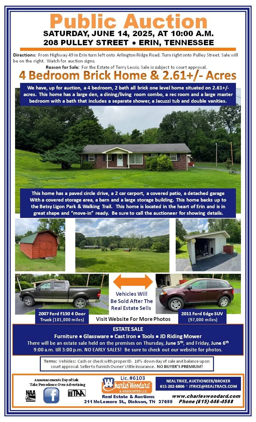 4 Bedroom Brick Home on 2.61+/- Acres Plus Vehicles &amp; Personal Property