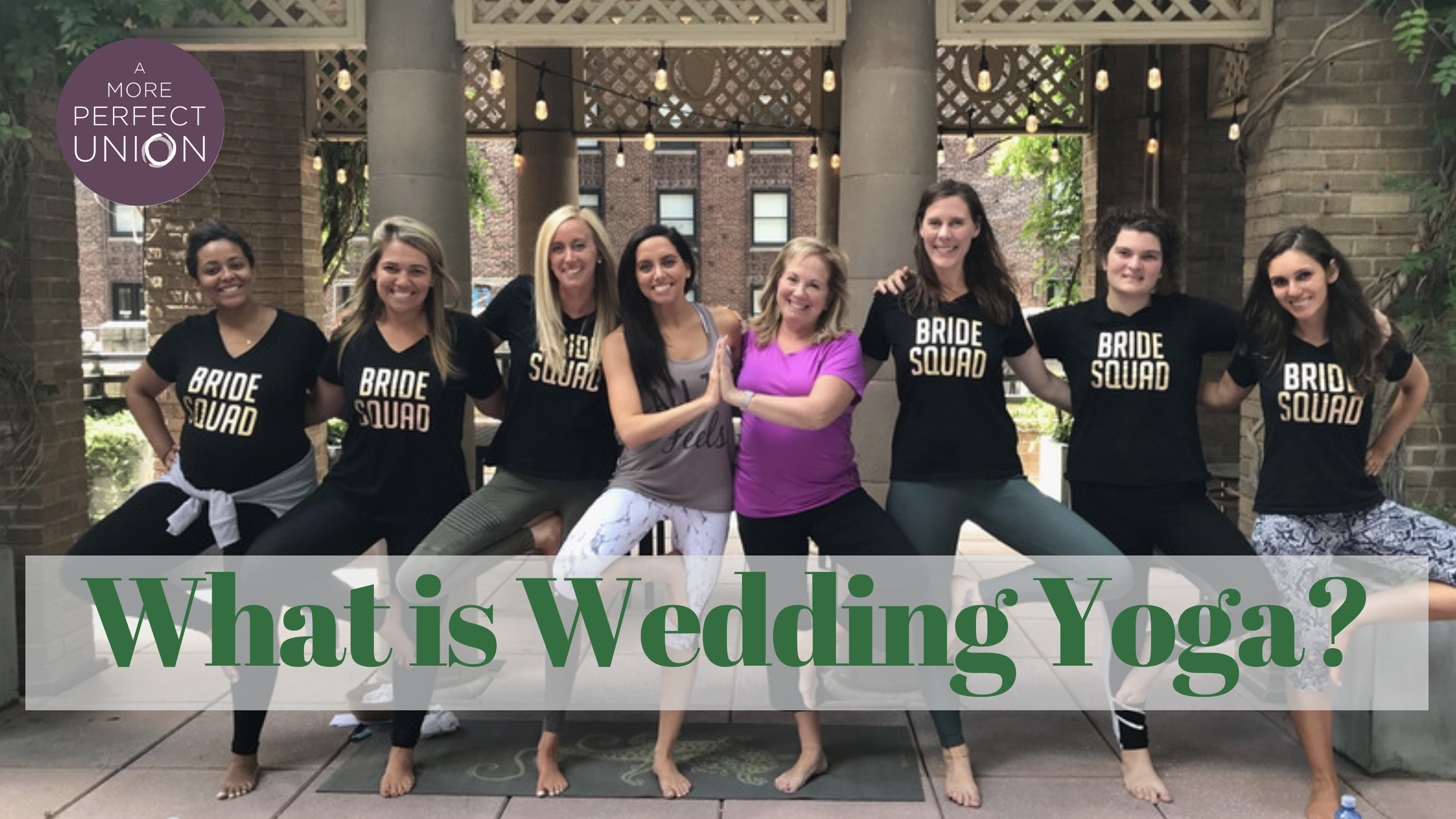 A group of women surround a bride after a wedding yoga session