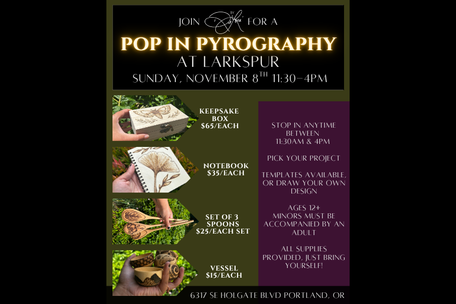 Pop In Pyrography Workshop at Larkspur 
