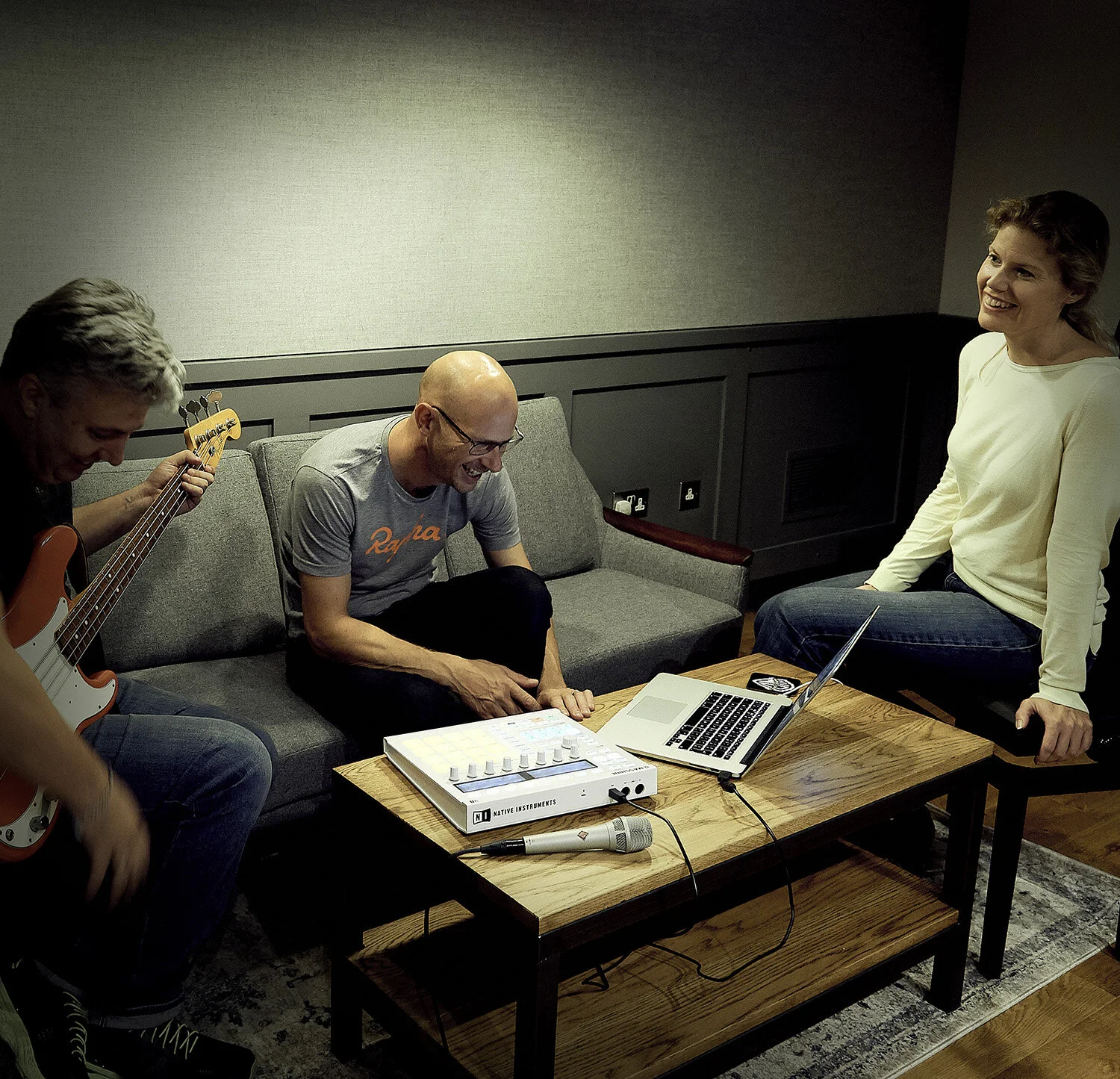 Writing session in Studio 2 at The Chappell, Warner Chappell, Kensington, showing musicians at piano and guitar with an Akai MPC.