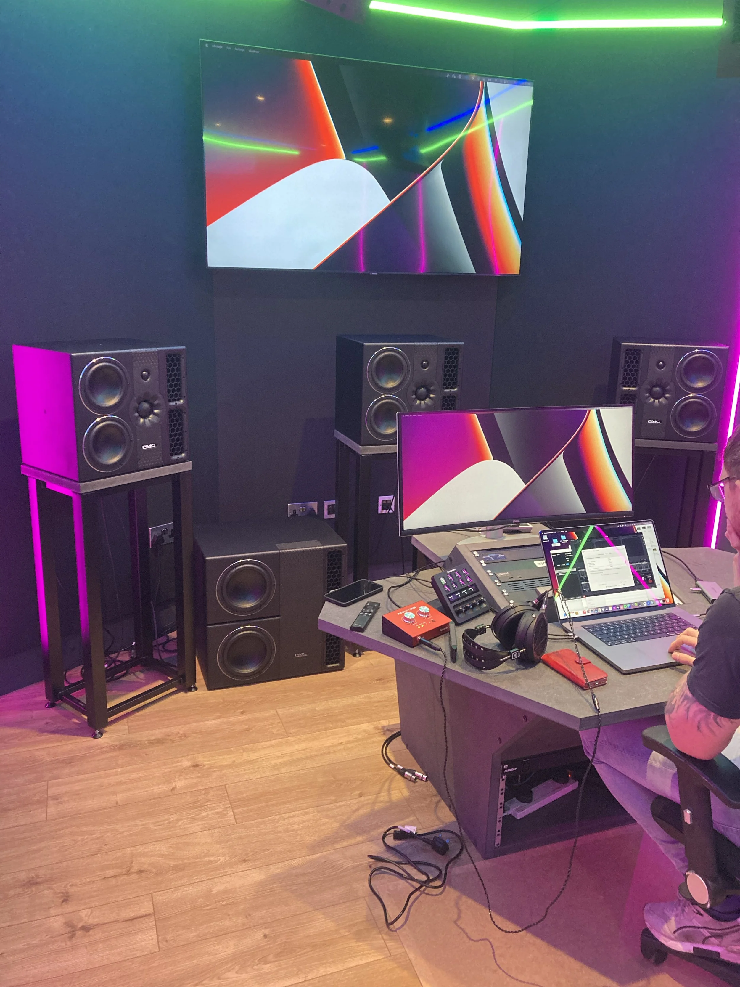Speaker line-up and room optimisation in the Dolby Atmos studio at Wired Masters, London, using Room EQ Wizard.