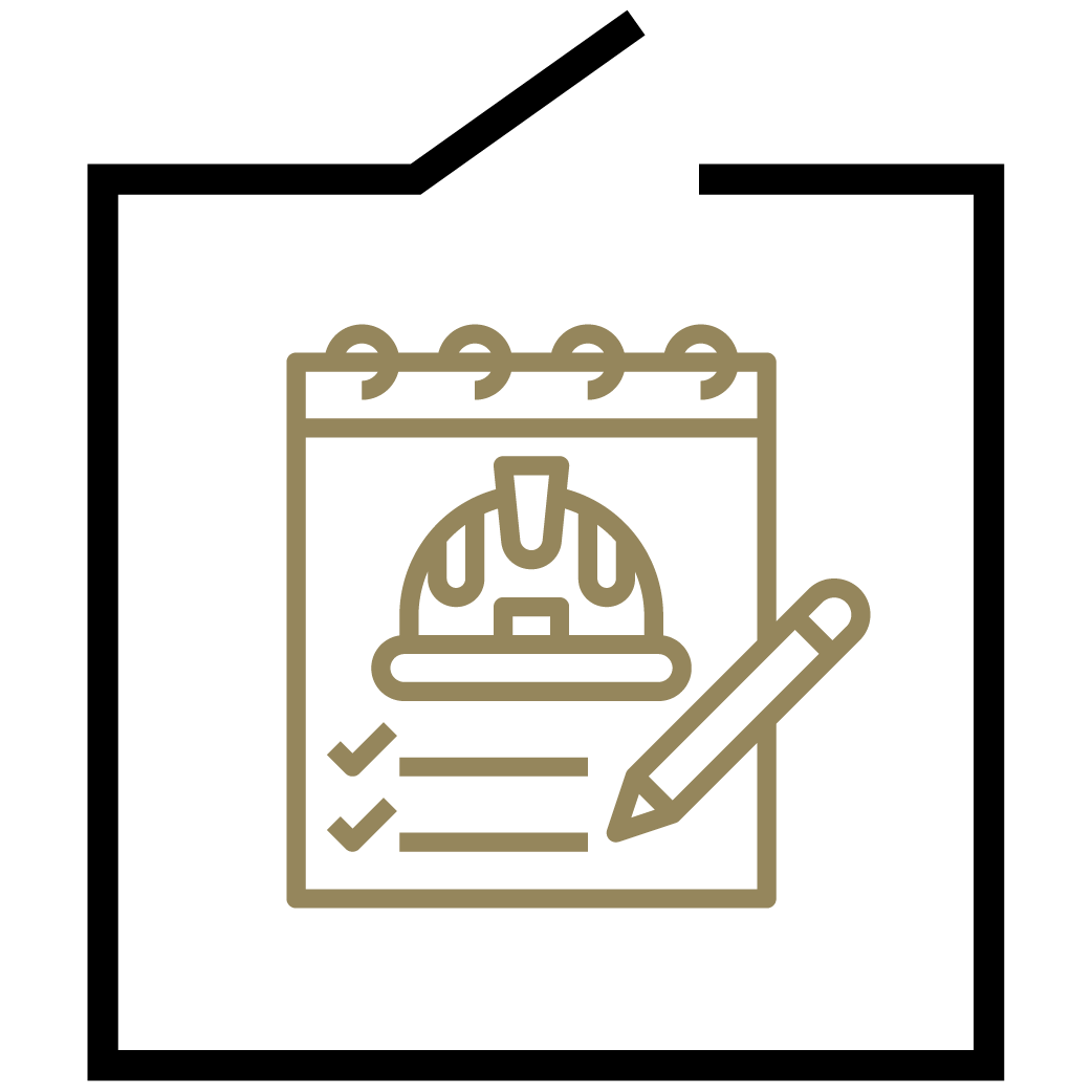 Icon of a safety checklist with a hard hat and a pencil on a black background.