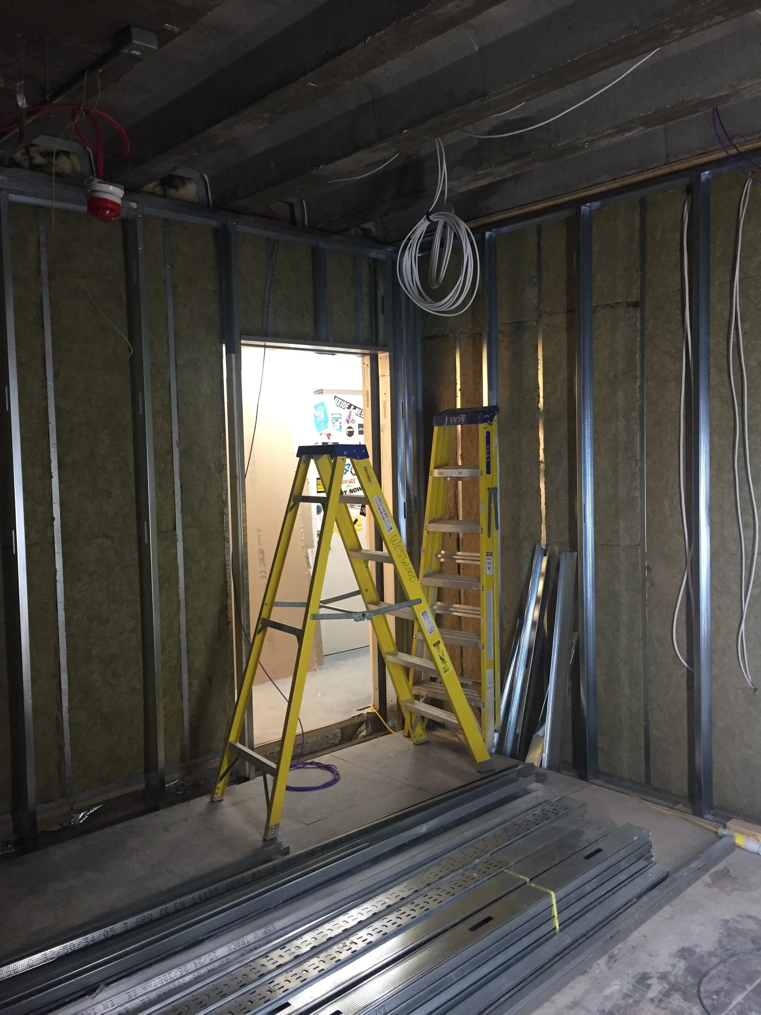 Studio 3 under construction at The Chappell, Warner Chappell, Kensington, showing metal stud framing, acoustic treatments and first fix services.