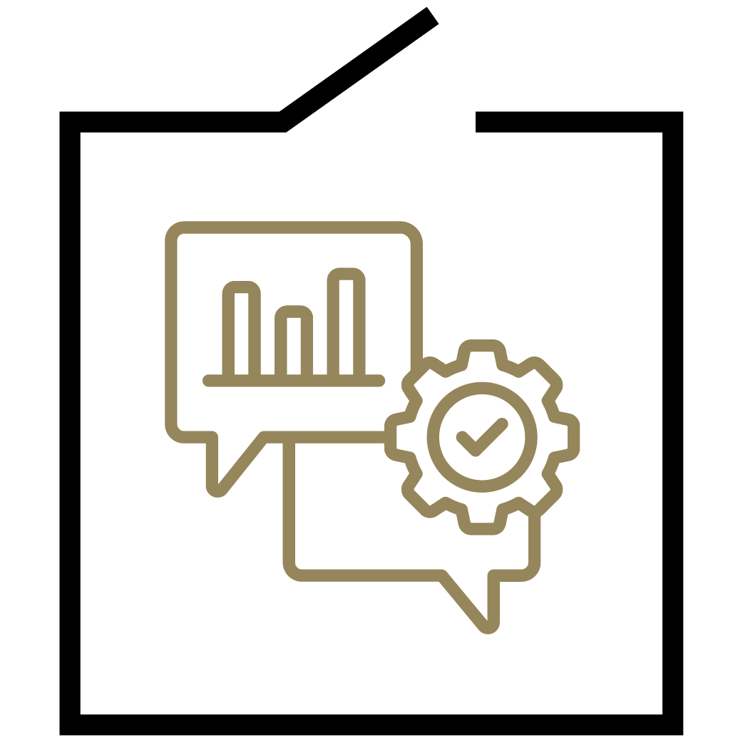 Icon of speech bubbles with a bar graph and a gear with a checkmark, representing communication, analytics, and settings or approval.
