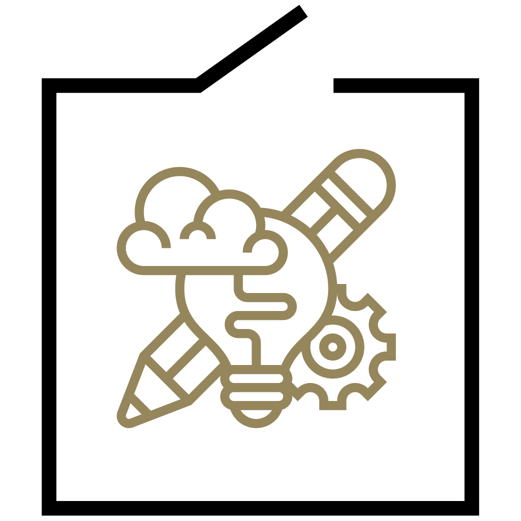 Line drawing of a cloud, a light bulb, a pencil, a gear, and a pill, representing ideas, creativity, technology, and innovation.