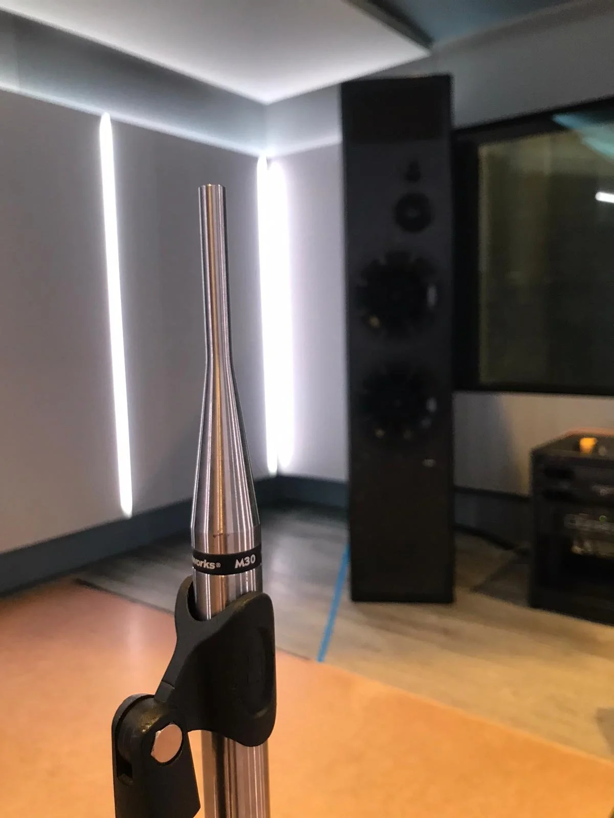 Close view of PMC BB5 XBD loudspeakers with an Earthworks M30 measurement microphone.