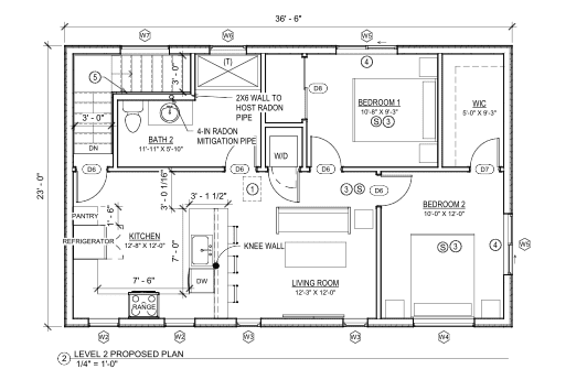 Second-floor plan of a custom two-bedroom ADU in Denver showing kitchen, living room, bedrooms, bathroom, and efficient layout by Prenvalley Builders