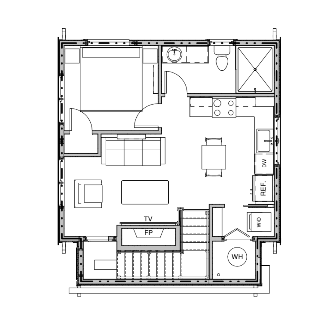 One-bedroom accessory dwelling unit floor plan in Denver with open living and kitchen area, integrated storage, full bathroom, and efficient circulation
