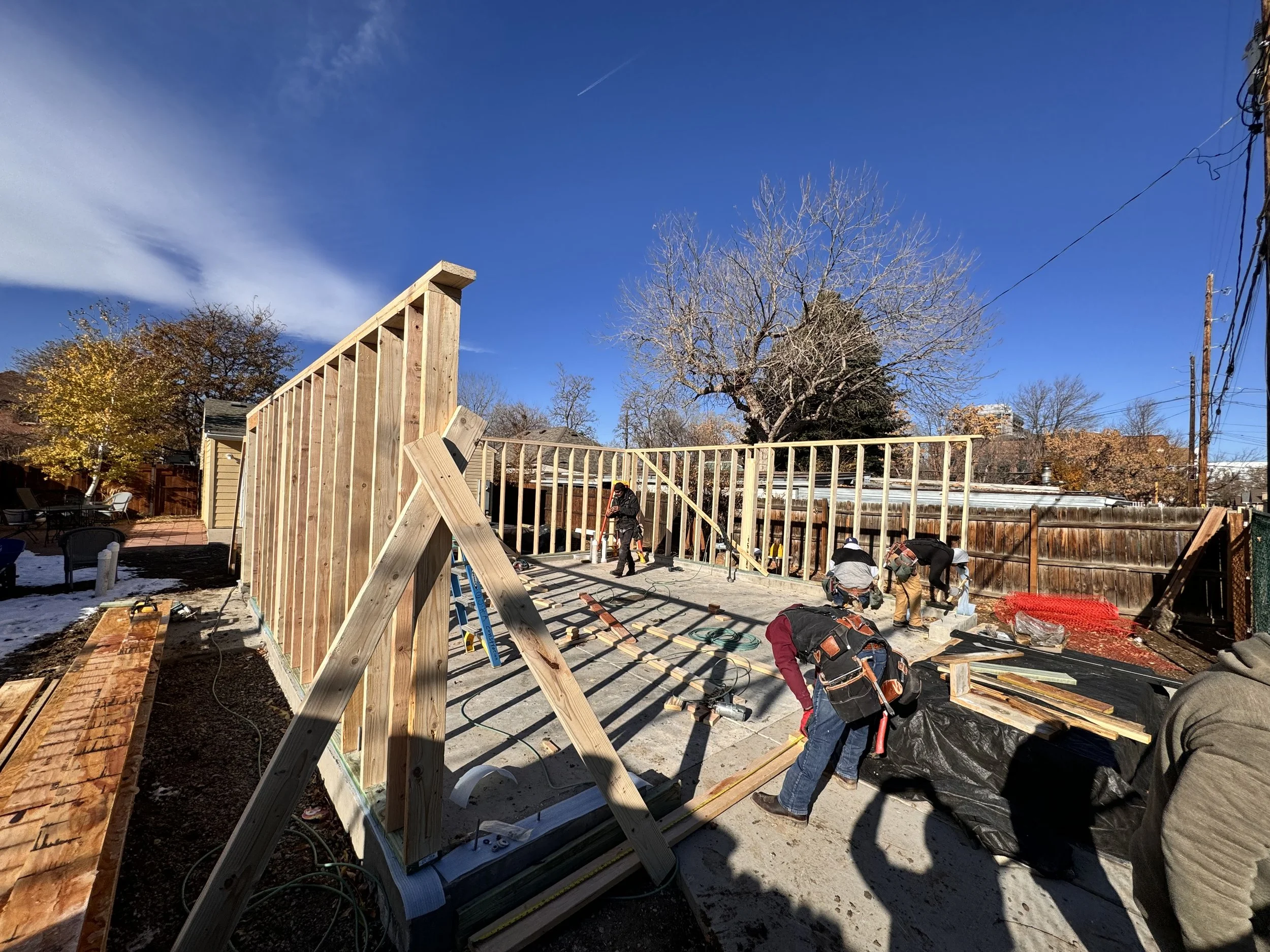 Framing in progress on a detached accessory dwelling unit built by Prenvalley Builders in Denver, Colorado.