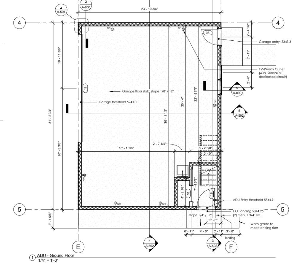 Ground-level floor plan of a custom garage ADU in Denver’s Sunnyside neighborhood showing a two-car garage, dedicated ADU entry, stair access, storage, and EV-ready infrastructure designed by Prenvalley Builders.