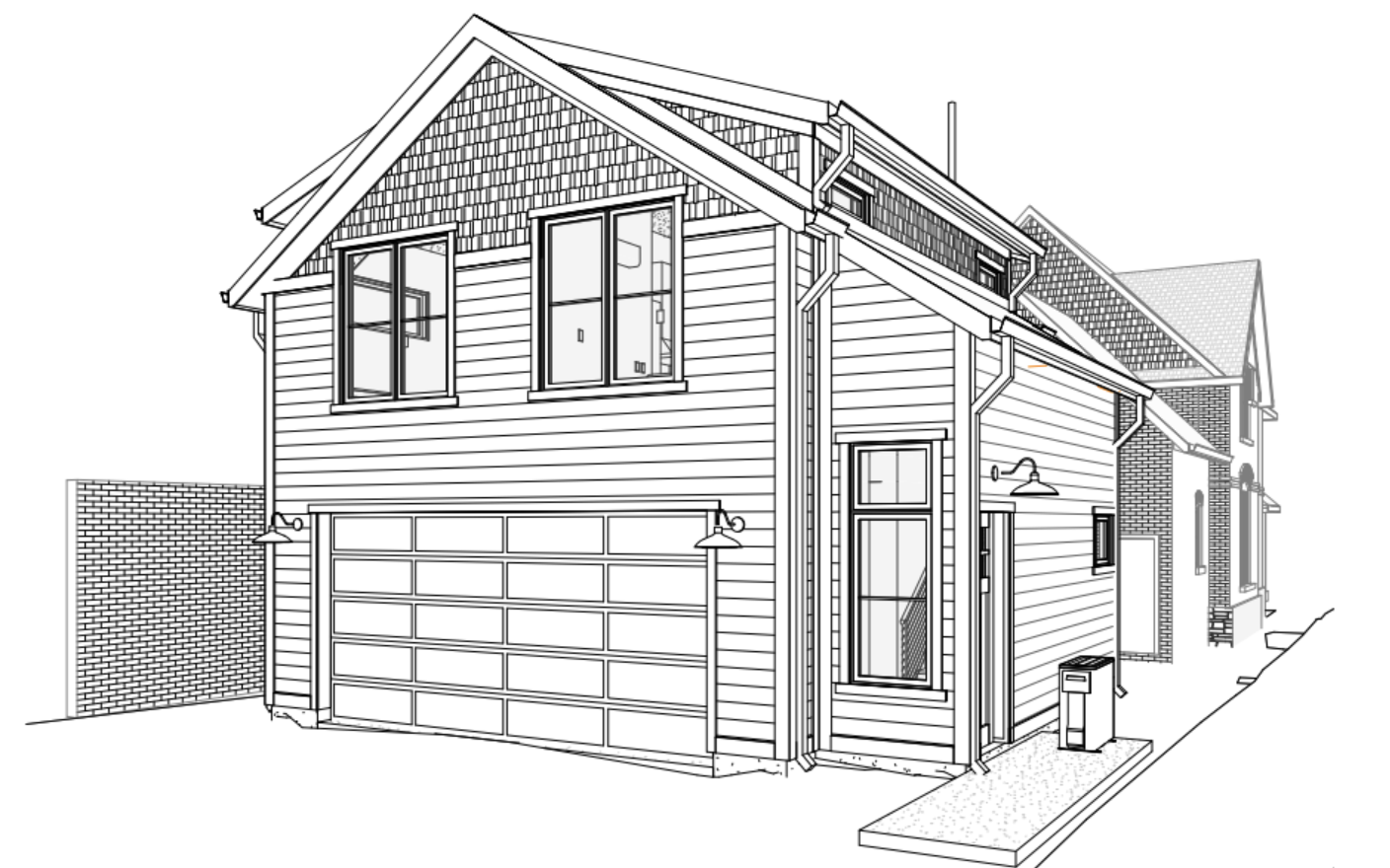 Two-story accessory dwelling unit exterior rendering in Denver with garage below, upper-level living space, traditional siding, and pitched rooflines designed for a historic neighborhood
