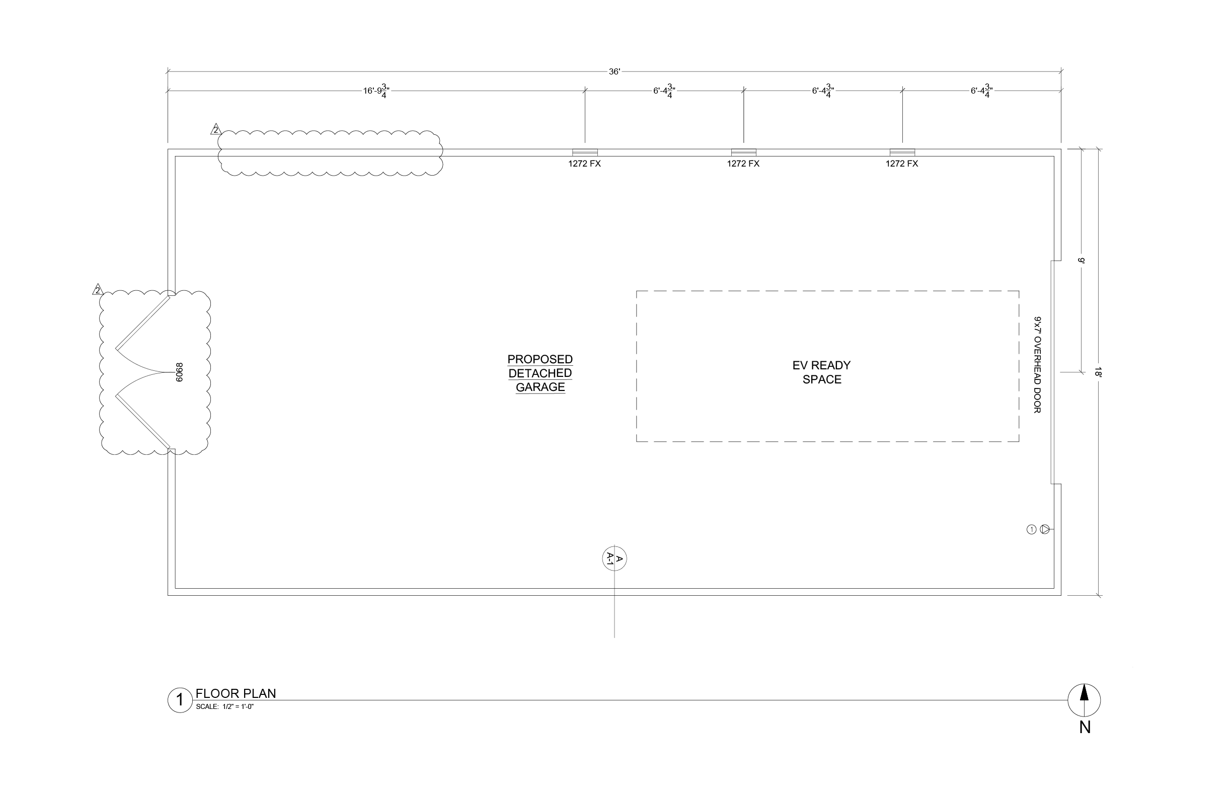 Architectural floor plan of a proposed custom detached garage, illustrating interior layout, lighting placement, and an EV-ready space.