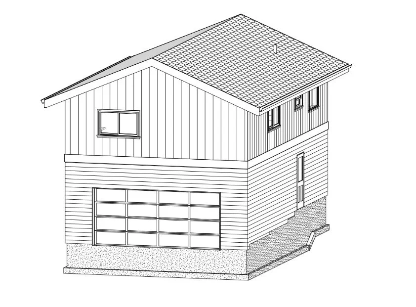 Architectural rendering of a two-story design-build ADU in Denver showing integrated garage, second-floor living space, and compact massing by Prenvalley Builders