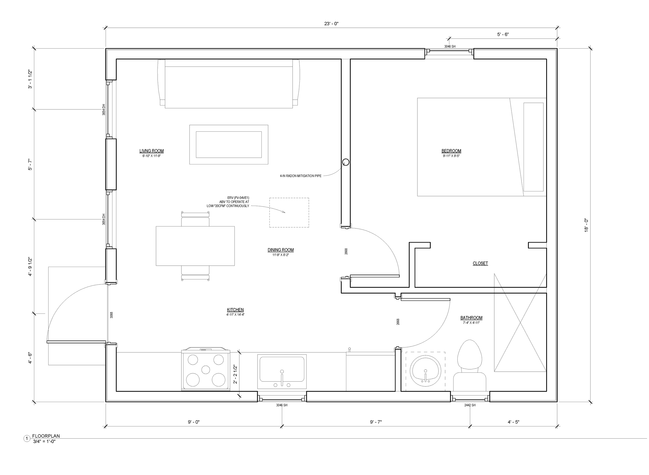 Architectural floor plan of a detached accessory dwelling unit in Denver, showing an open living area, kitchen, bedroom, closet, and full bathroom within a compact layout.