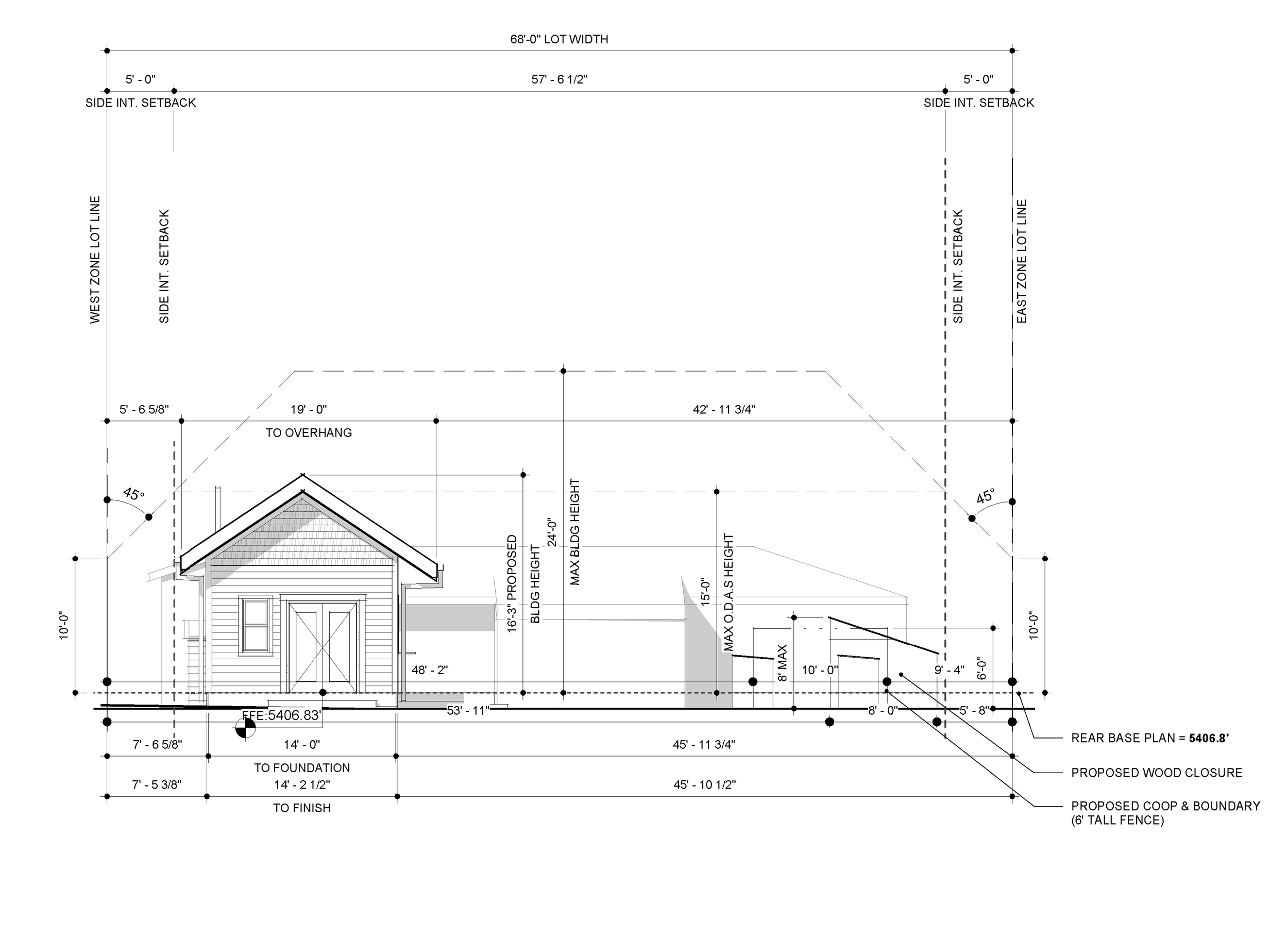 Architectural elevation and site plan drawing of a detached accessory dwelling unit in Denver, Colorado, showing building height, setbacks, and proposed placement on a residential lot.