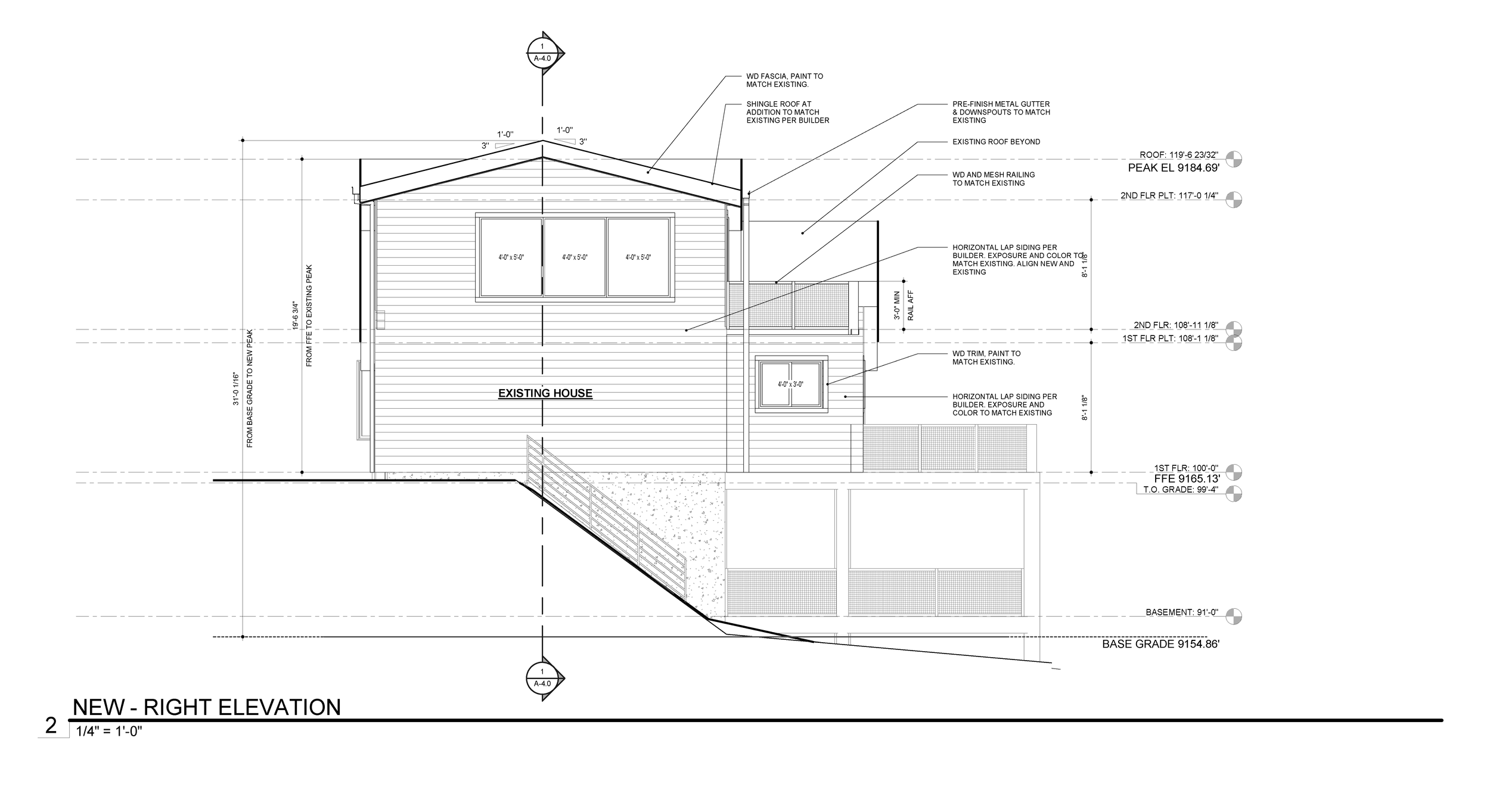 Architectural right elevation drawing of a Silverthorne pop-top renovation showing the second-story addition and upper-level balcony integrated into the existing mountain home.