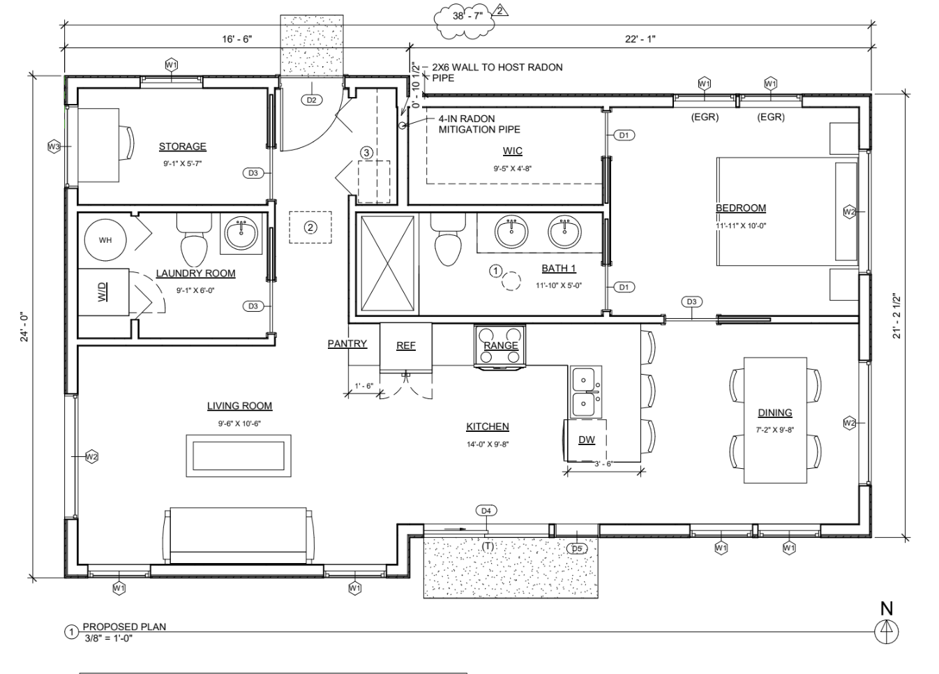 Proposed floor plan for a garage-to-ADU conversion in Denver, Colorado, showing one-bedroom layout, kitchen, bathroom, laundry, and living areas constructed by Prenvalley Builders.