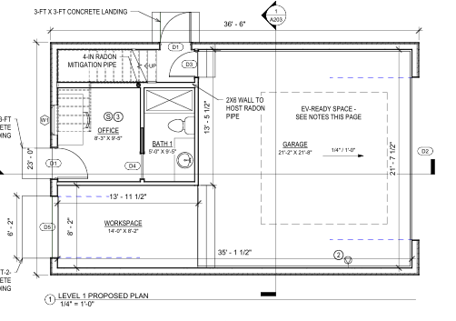 First-floor plan of a custom design-build ADU in Denver showing garage, office, workshop, bathroom, and EV-ready space by Prenvalley Builders