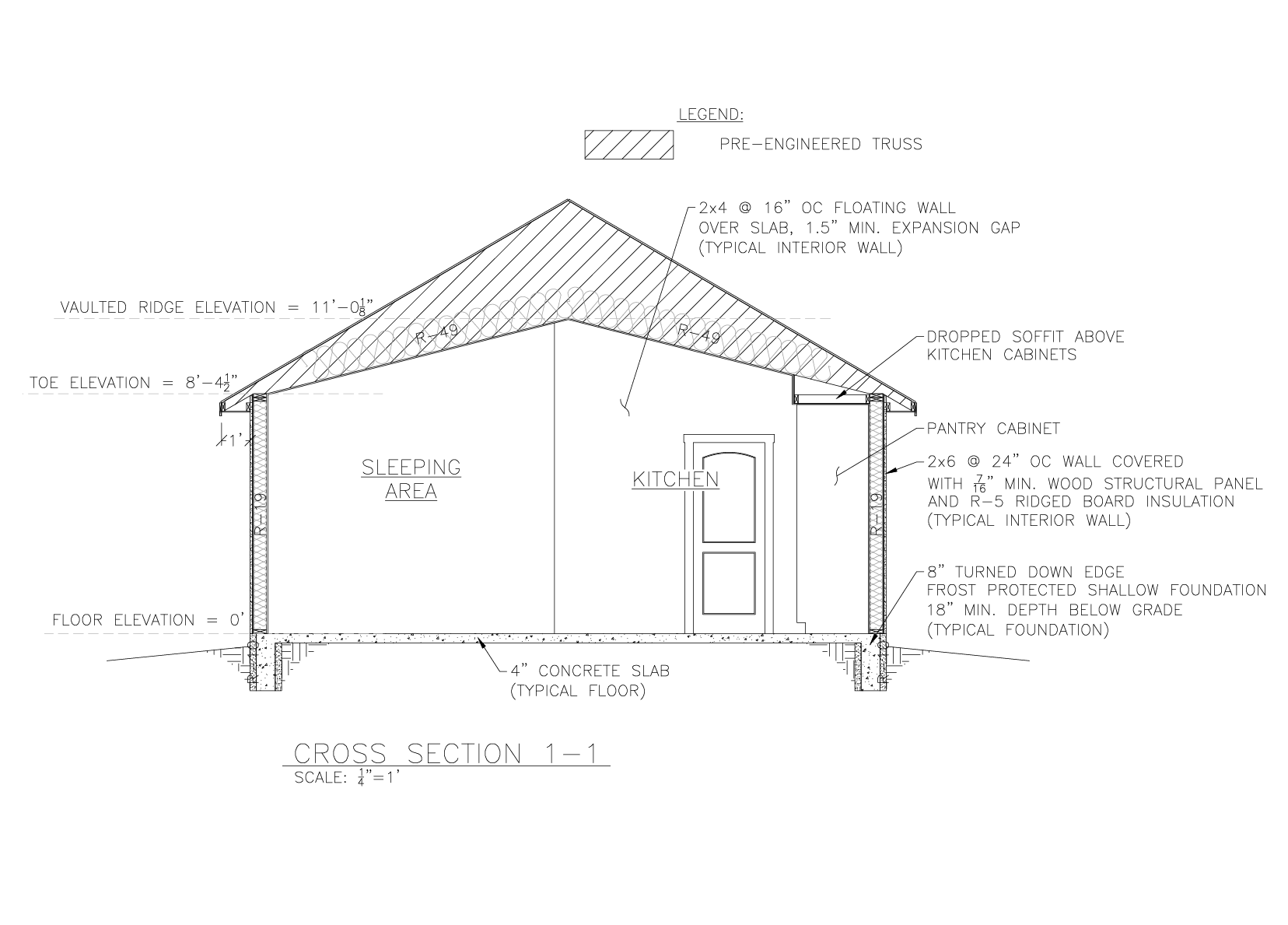Architectural cross section of a detached accessory dwelling unit in Colorado Springs, Colorado, showing vaulted roof structure, insulation, wall assembly, and slab foundation details.