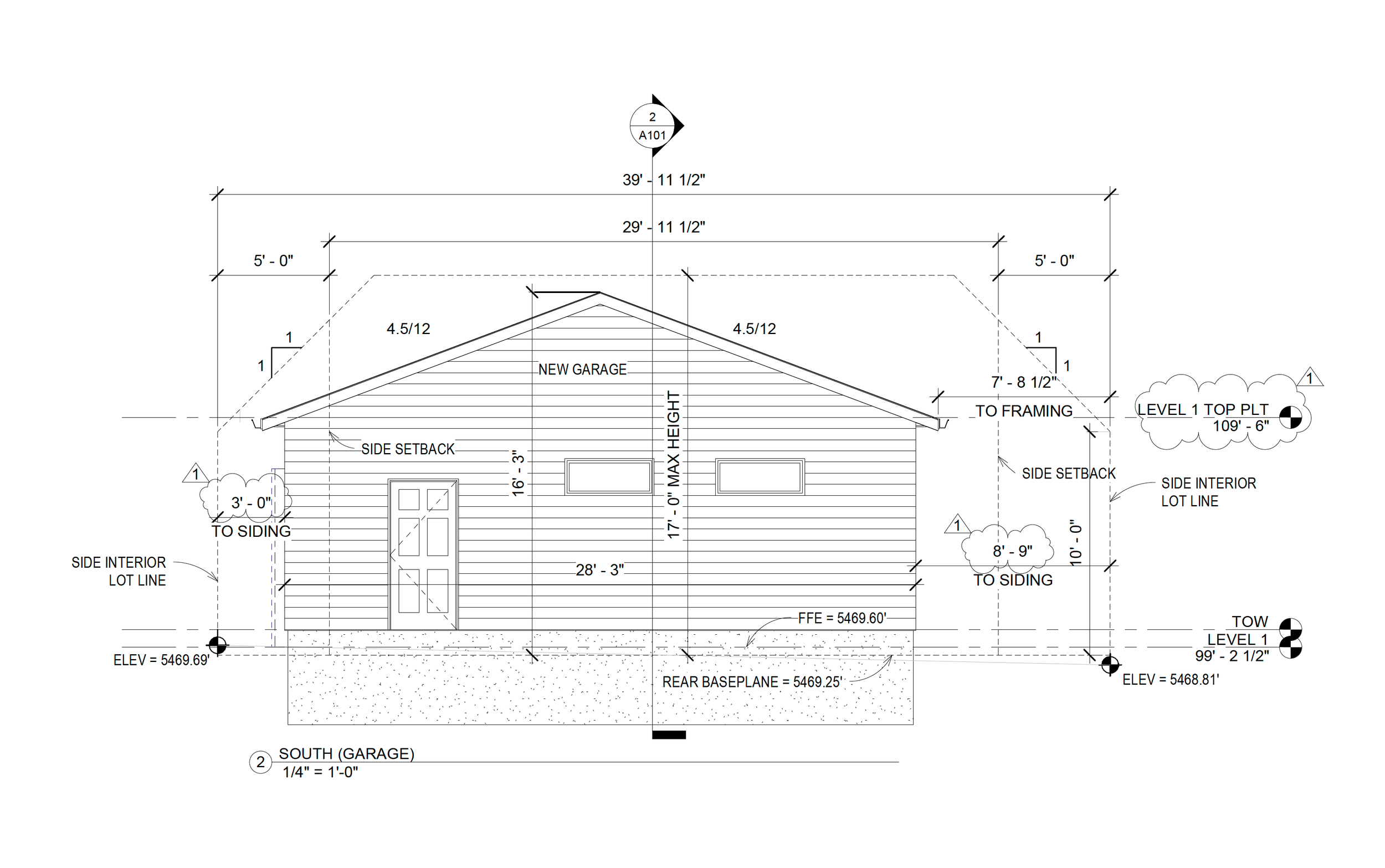 Architectural elevation drawing of a custom detached garage in Denver, Colorado, showing roof pitch, building height, setbacks, and dimensional layout as part of a permitted design-build project by Prenvalley Builders.