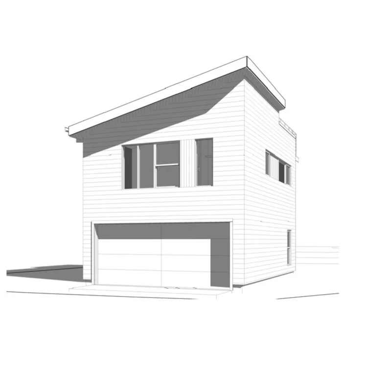 Exterior architectural rendering of a modern garage accessory dwelling unit in Denver with a sloped roof, horizontal siding, and second-story living space built by Prenvalley Builders.