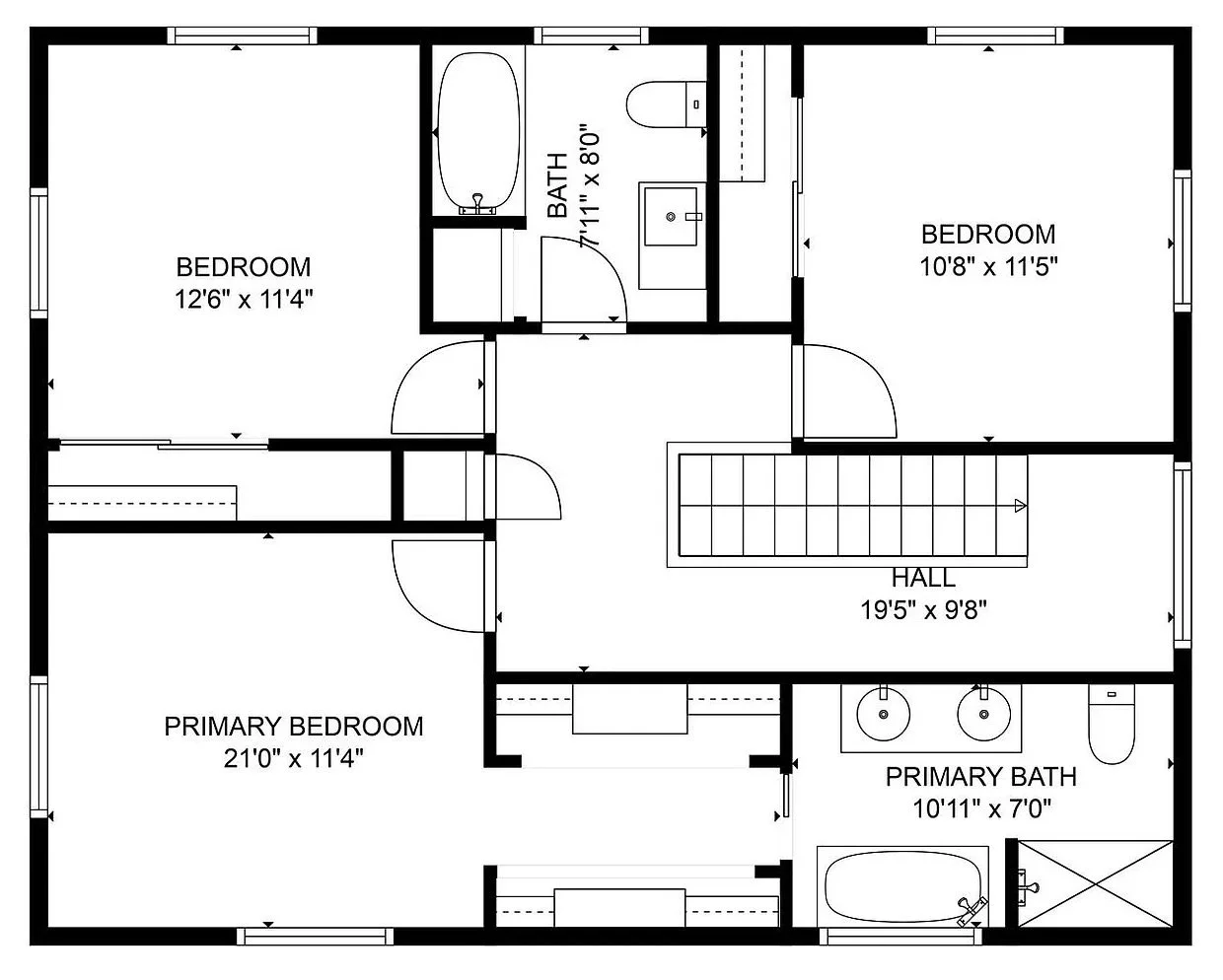 Upper-level floor plan created as part of a second-story addition in Golden, Colorado, showing a new primary suite, additional bedrooms, bathrooms, and improved circulation by Prenvalley Builders.
