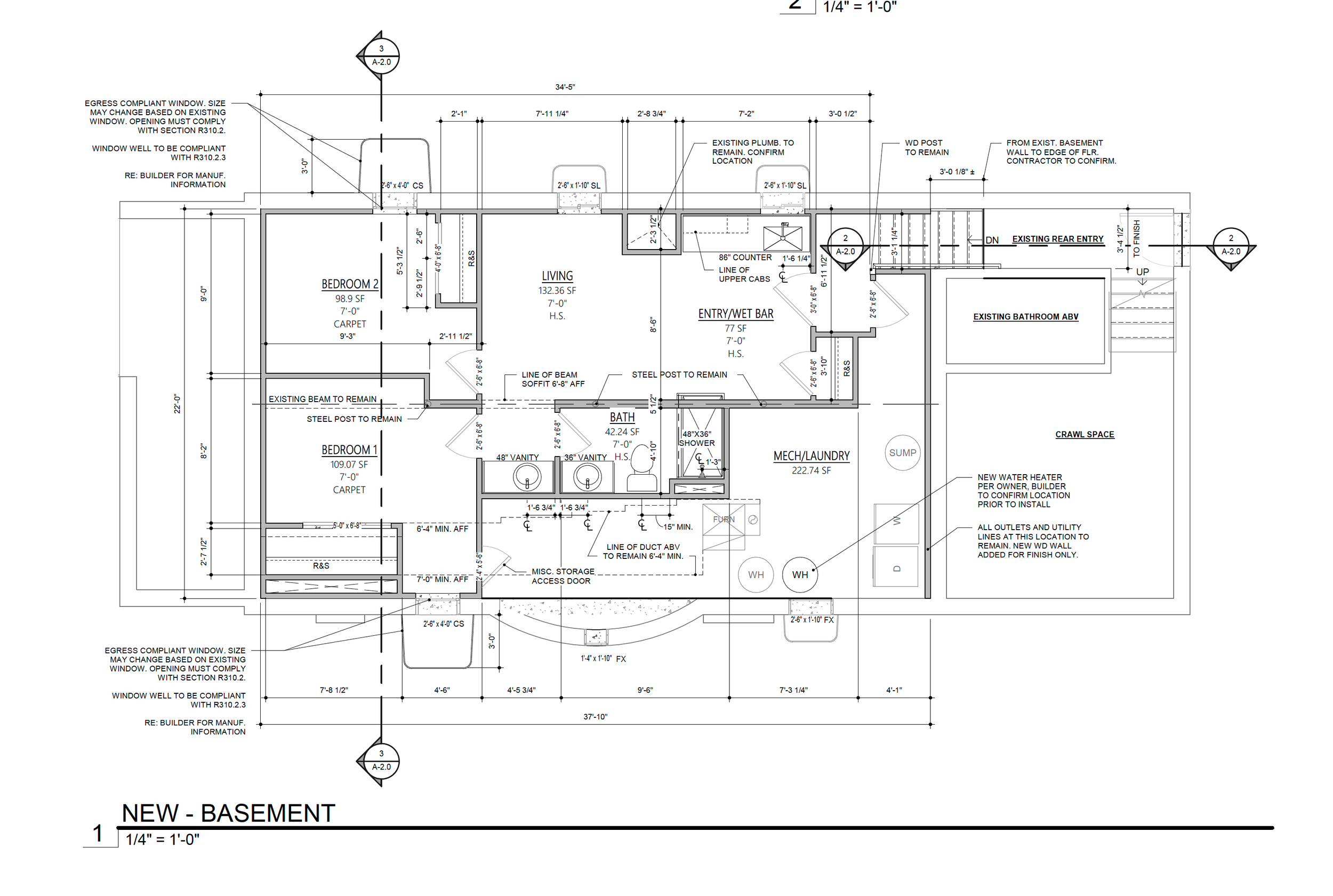 Architectural floor plan of a lower-level ADU created during a Denver basement renovation, showing bedroom, living area, kitchen, bathroom, and mechanical spaces.