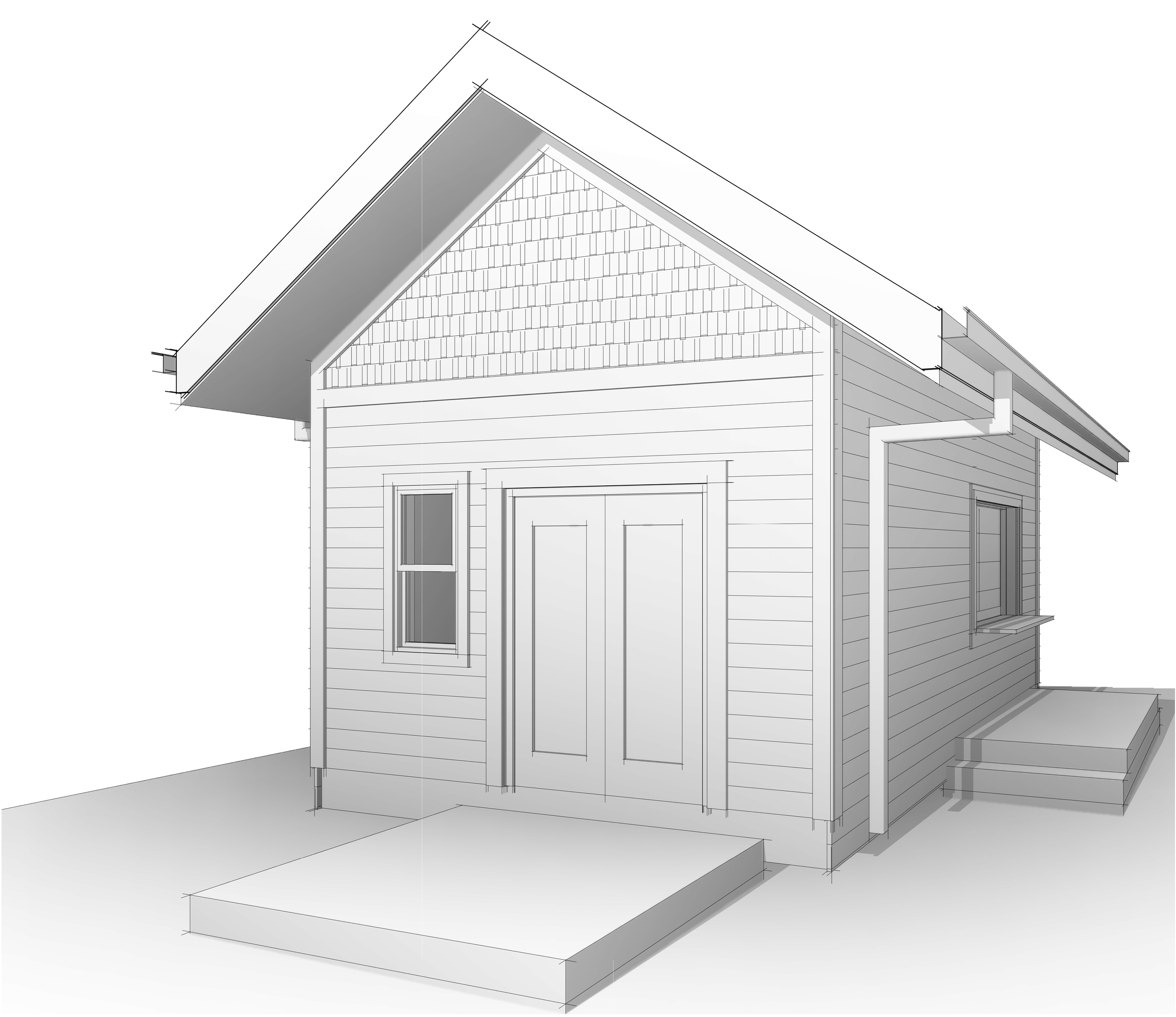 Architectural rendering of a detached accessory dwelling unit in Denver, Colorado, showing exterior elevations and compact footprint design.