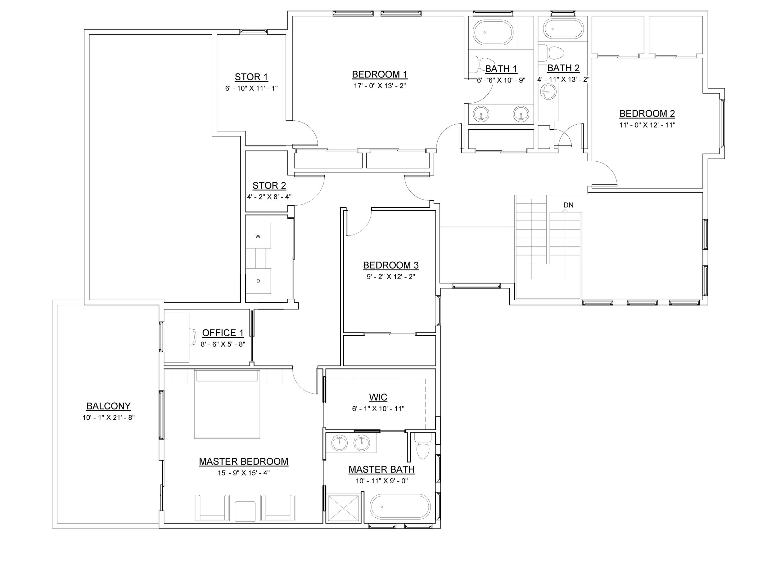 Architectural upper-level floor plan for a full interior renovation in Golden, Colorado by Prenvalley Builders.