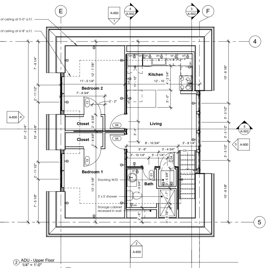 Upper-level floor plan of a custom ADU in Denver’s Sunnyside neighborhood showing two bedrooms, a full bathroom, open living and kitchen layout, stacked laundry, and efficient circulation designed by Prenvalley Builders.
