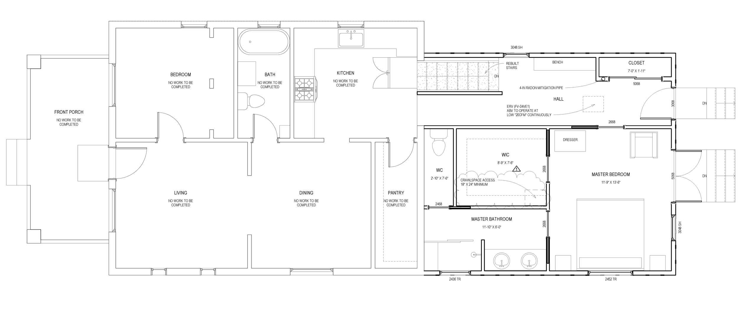 Architectural floor plan of a Denver primary suite addition showing the new master bedroom, walk-in closet, ensuite bathroom, and integrated connection to the existing home.