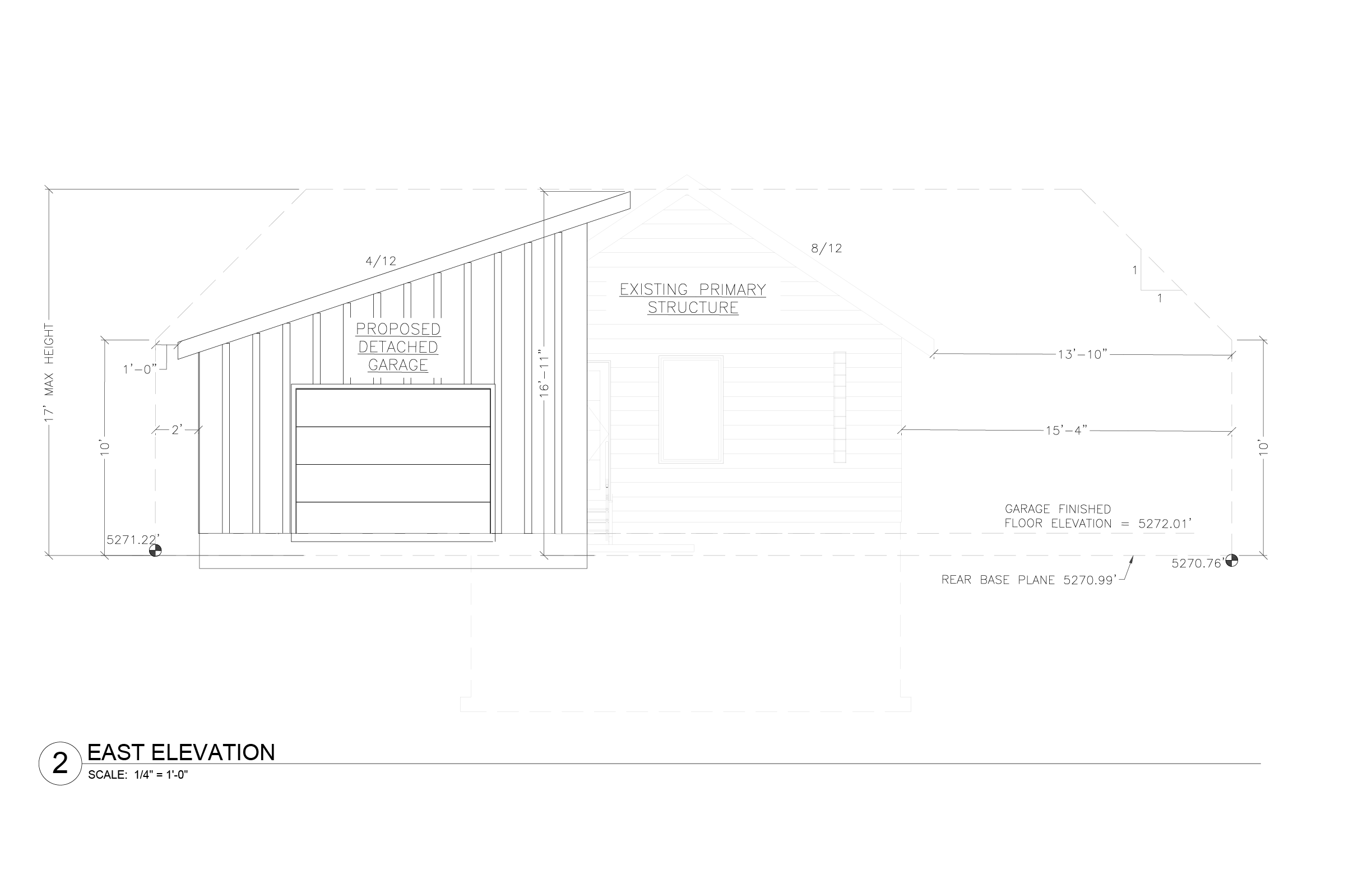 Architectural east elevation drawing of a detached garage showing a high-sloped mono-pitch roof, tall garage door opening, and vertical exterior proportions.