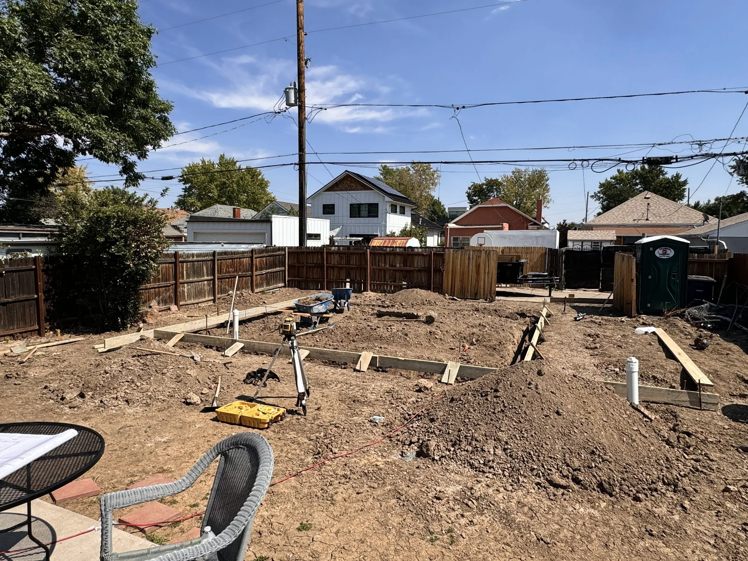 Early site preparation and foundation layout for a detached accessory dwelling unit by Prenvalley Builders in Denver, Colorado.