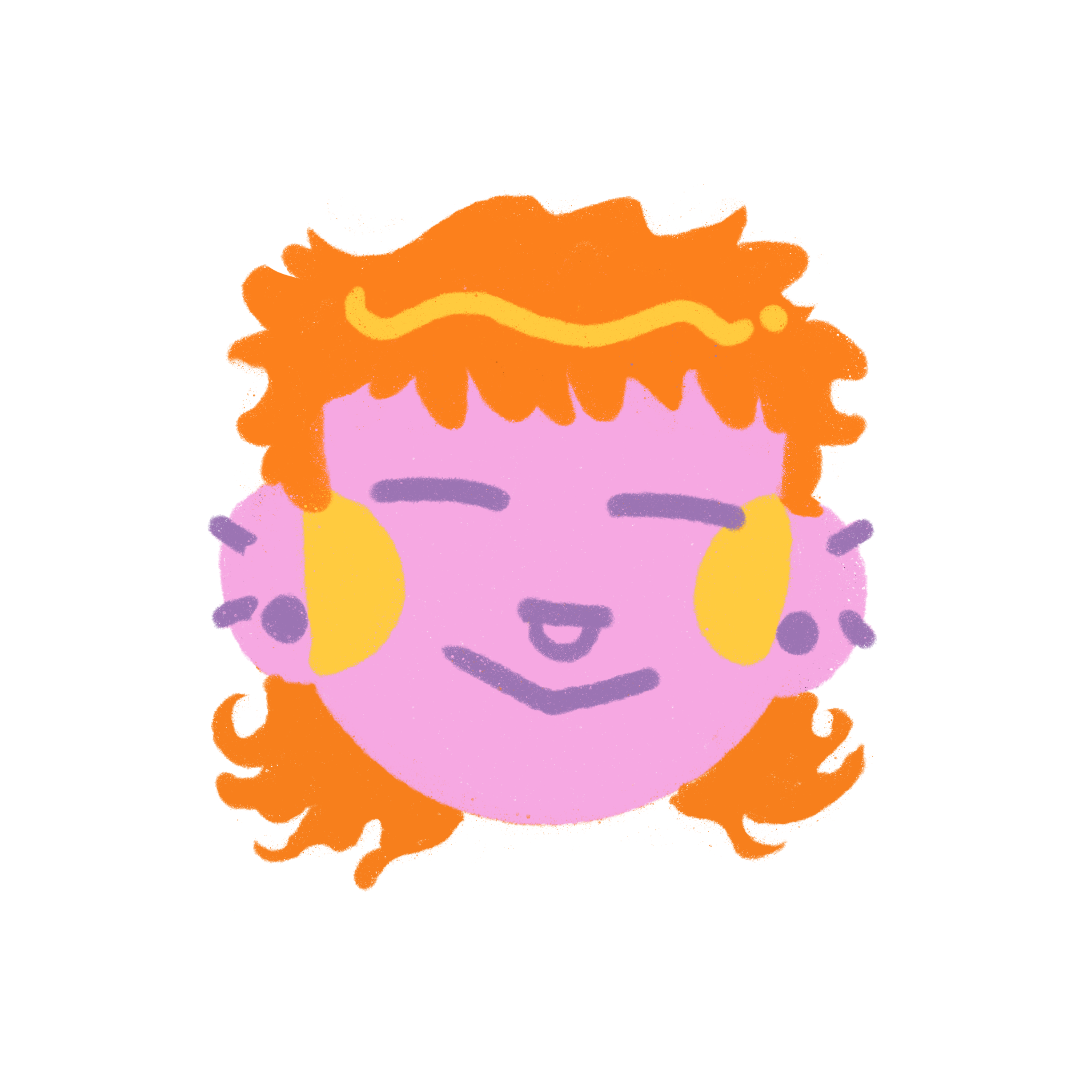 A cartoon face with pink skin, orange curly hair, closed eyes, yellow cheeks, and a smiling mouth.